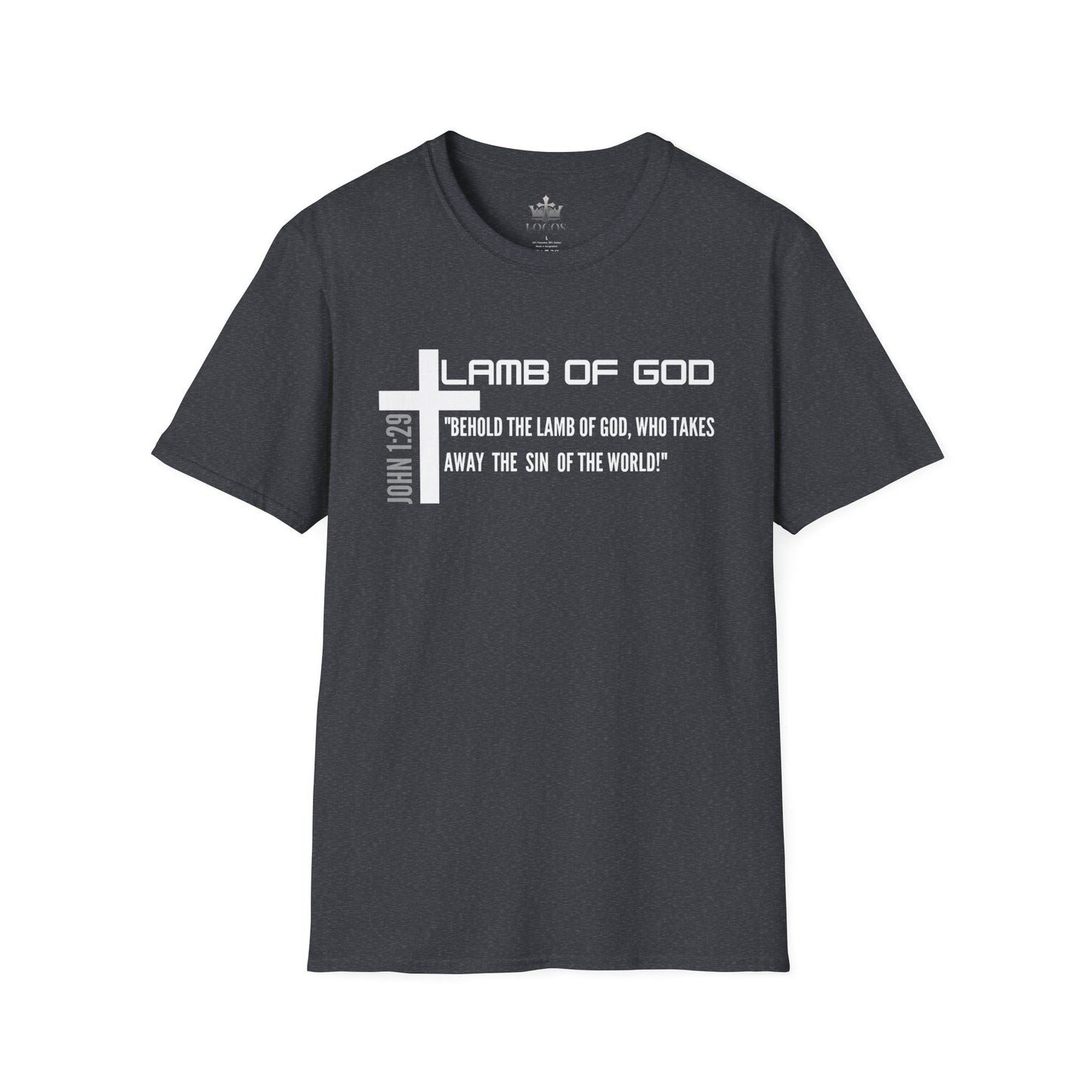 Logos Lamb Of God Christian Scripture T-Shirt in black with white cross and John 1:29 Bible verse