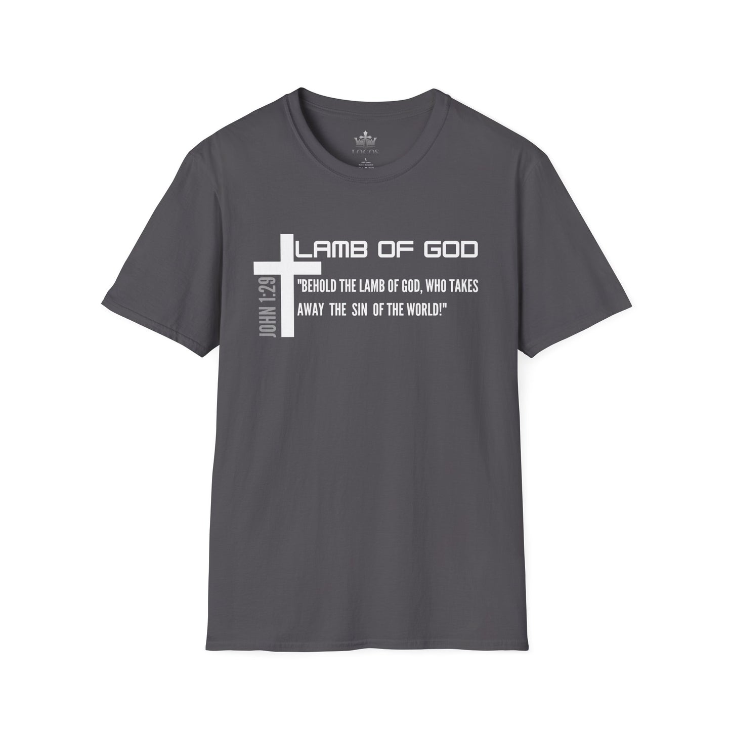 Gray Lamb Of God Christian Scripture T-Shirt with white cross and John 1:29 quote from Logos