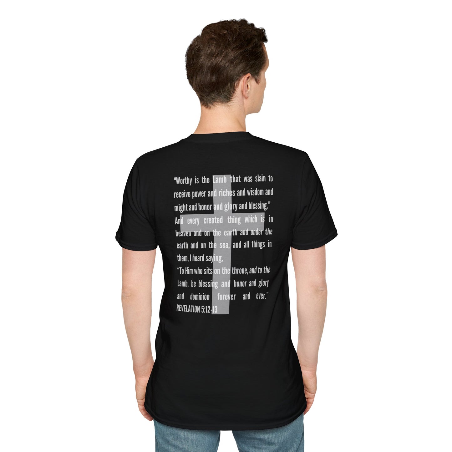 Black Lamb Of God Christian Scripture T-Shirt by Logos with white Bible verse text on back