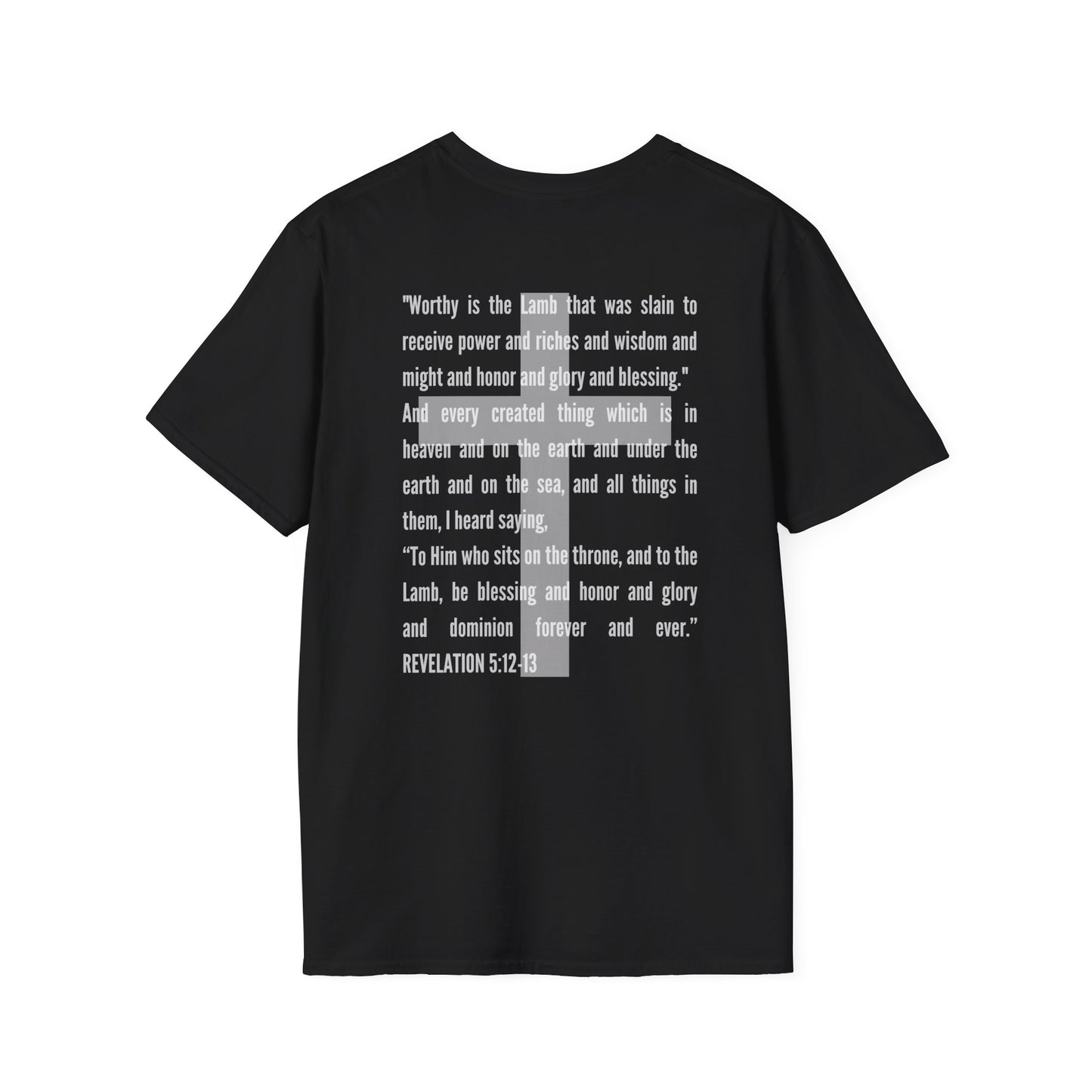 Black Lamb Of God Christian Scripture T-Shirt with white biblical text from Revelation 5 12-13