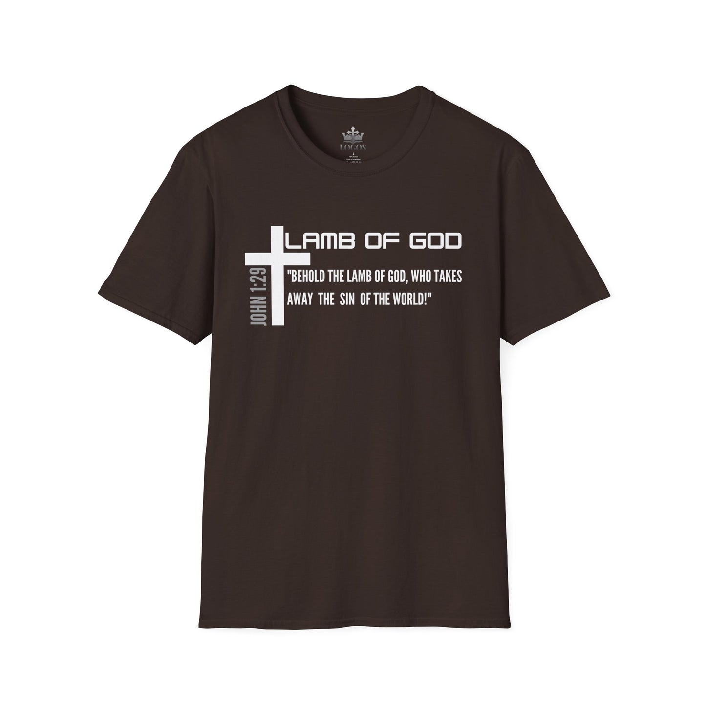 Black Lamb Of God Christian Scripture T-Shirt with white cross and John 1:29 Bible verse print