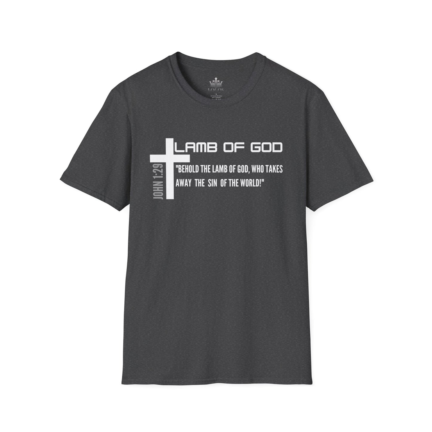 Logos Lamb Of God Christian Scripture T-Shirt with John 1:29 Bible verse in white text on black tee