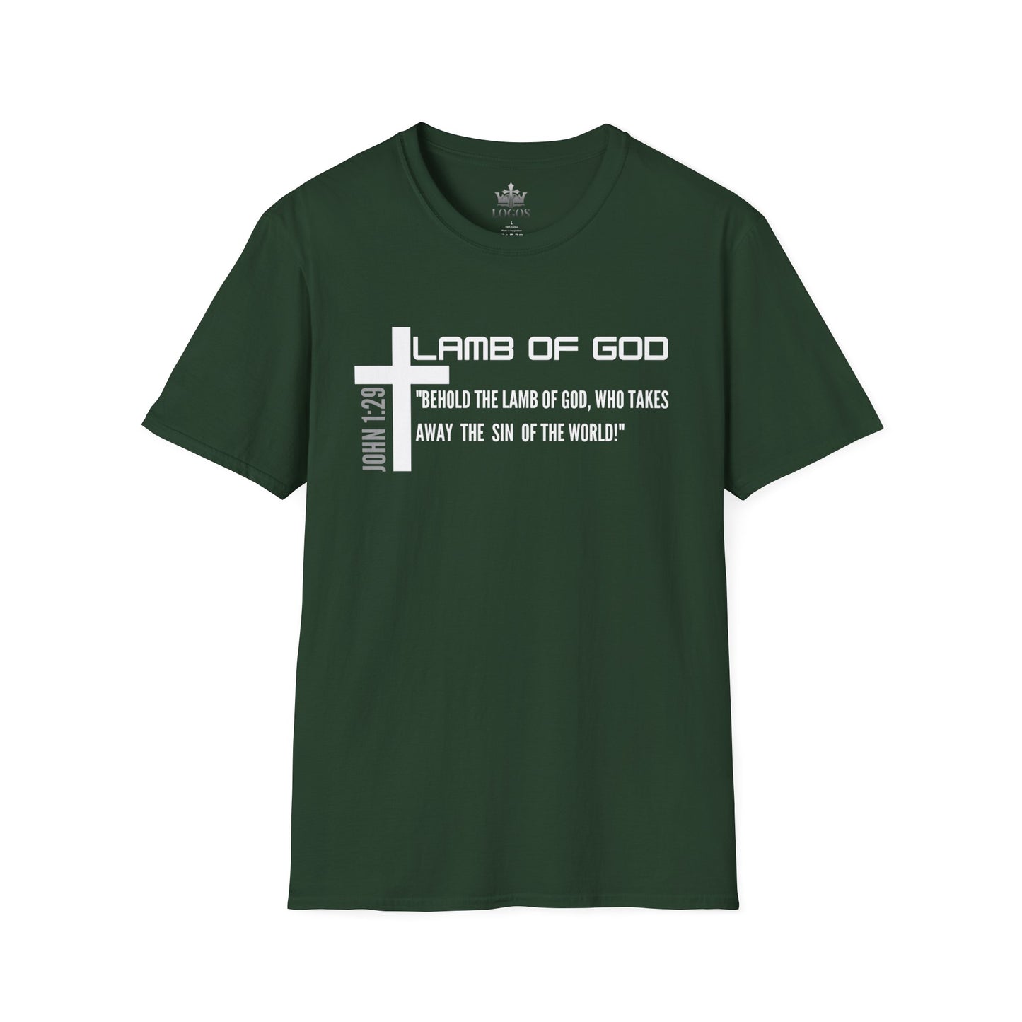 Dark green Lamb Of God Christian Scripture T-Shirt with white cross and scripture text printed on front
