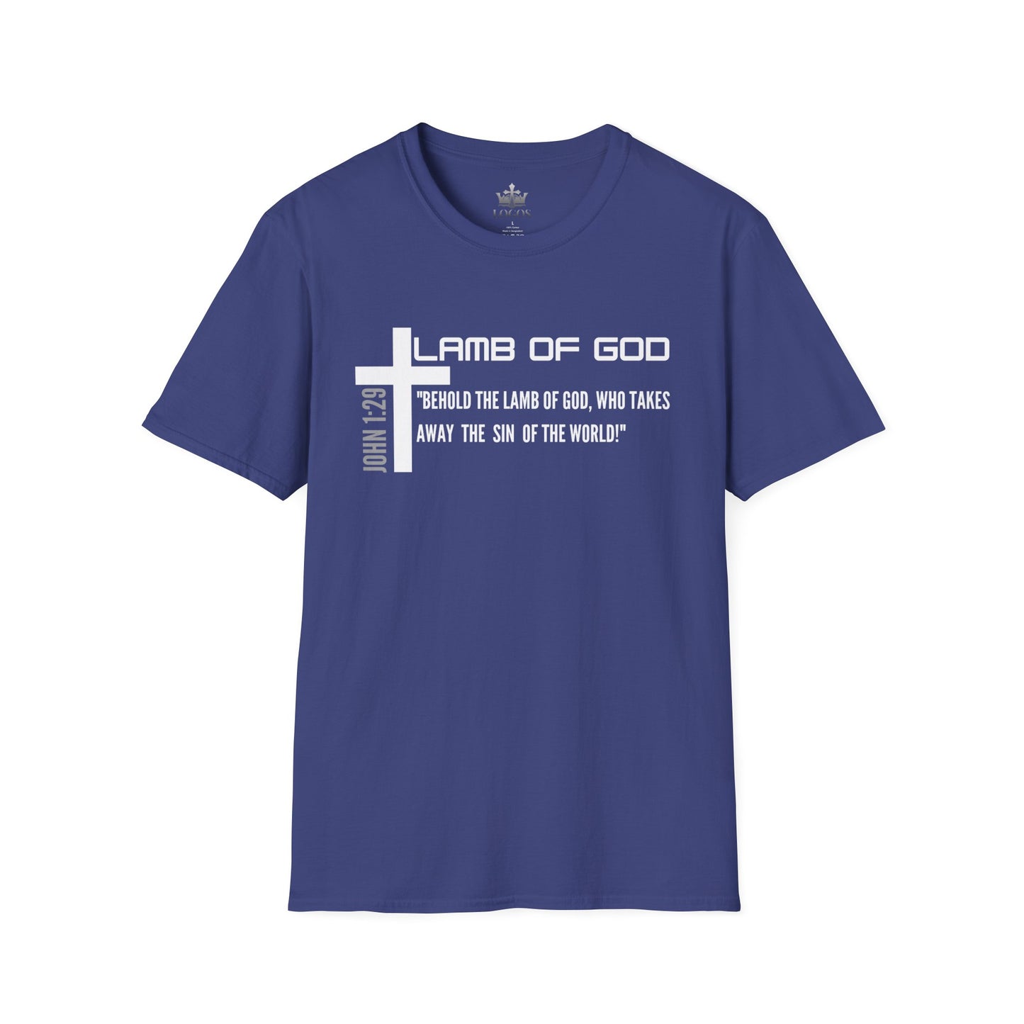 Metro Blue Lamb Of God Christian Scripture T-Shirt with John 1:29 Bible verse printed on front