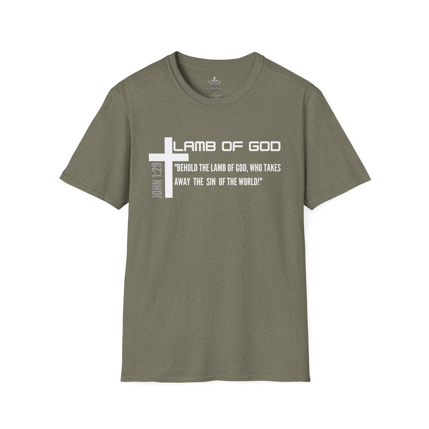 Logos Lamb Of God Christian Scripture T-Shirt in heather miitary green with white cross and Bible verse design
