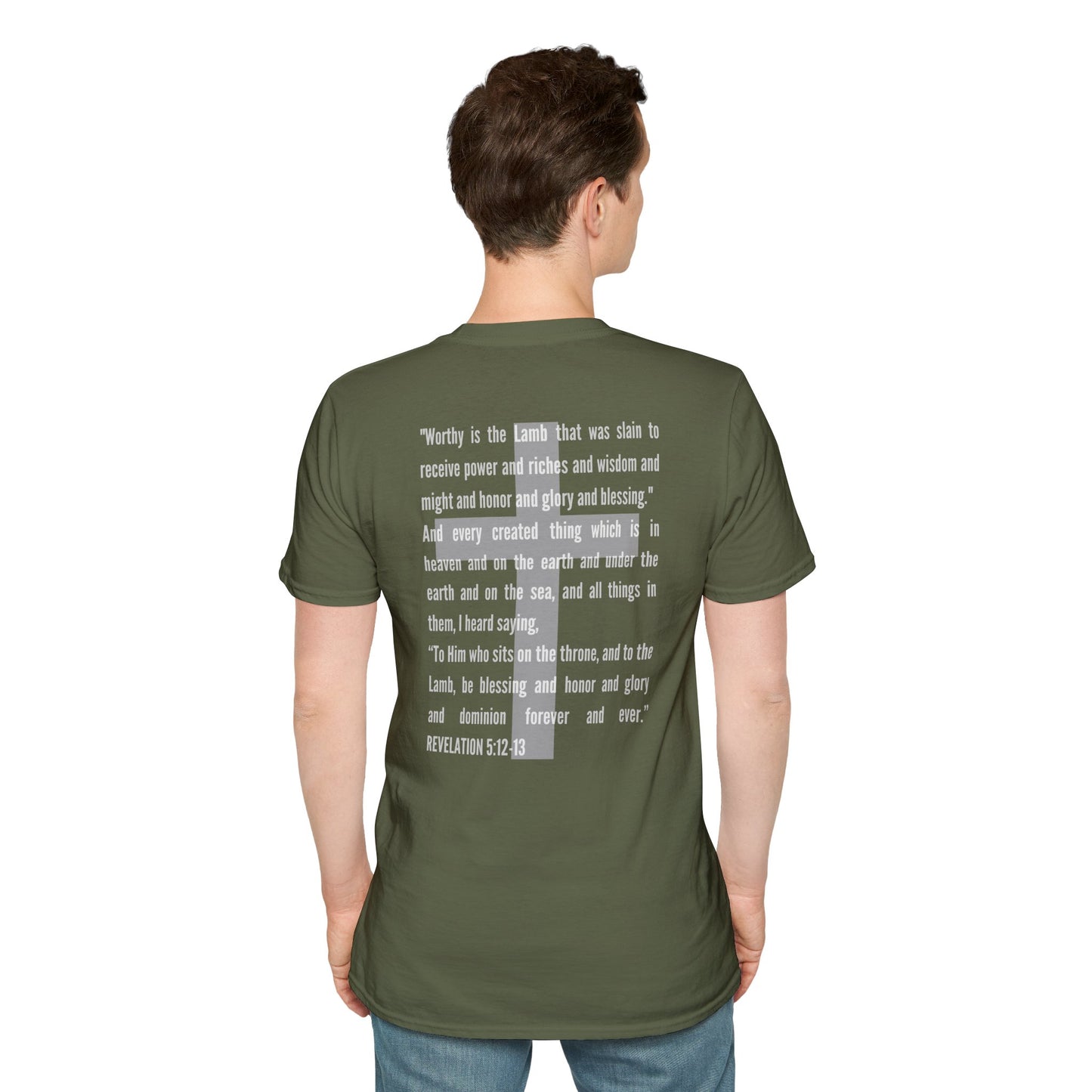 Back view of a man wearing an olive green Lamb Of God Christian Scripture T-Shirt with a printed Bible verse from Revelation