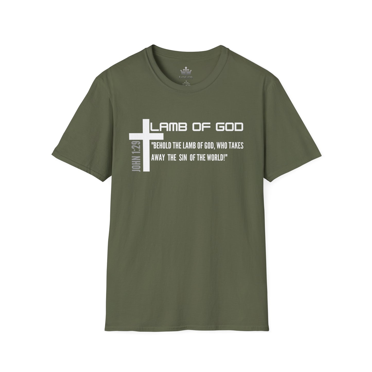 Logos Lamb Of God Christian Scripture T-Shirt in olive green with white cross and Bible verse design