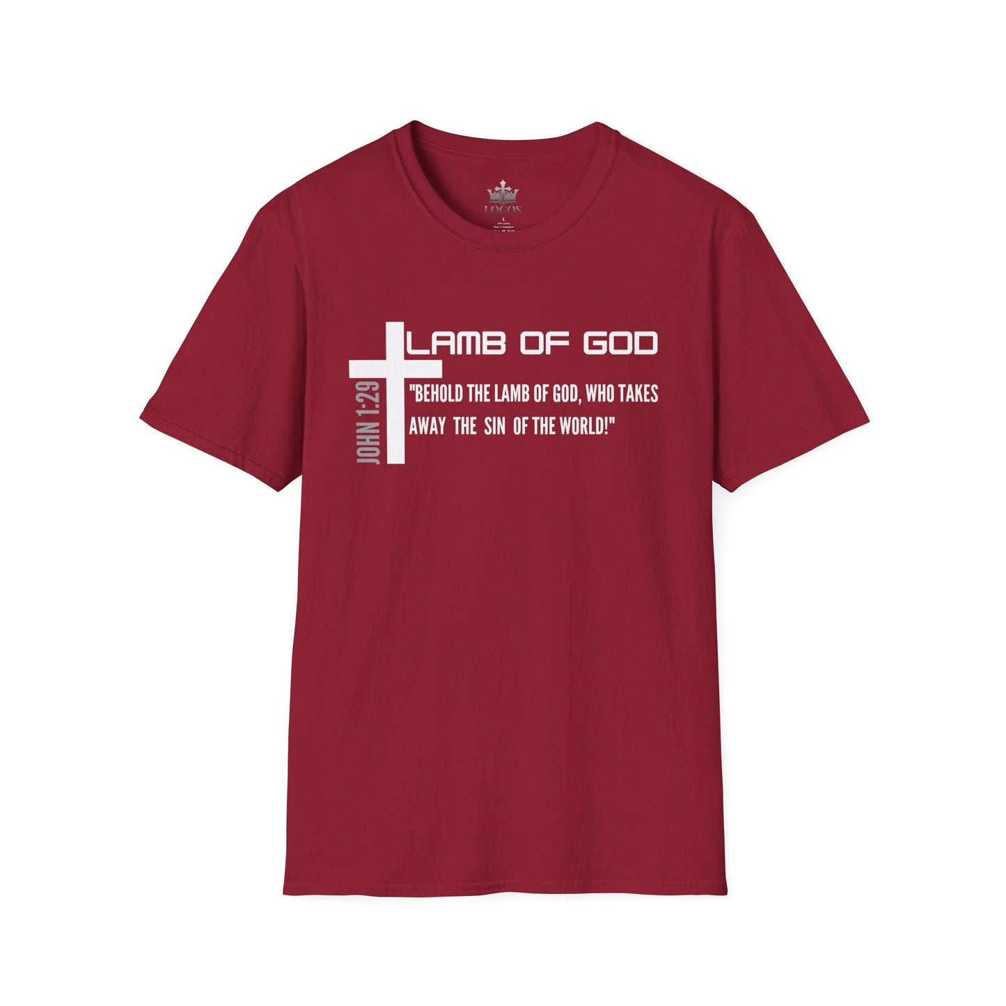 Red Lamb Of God Christian Scripture T-Shirt with white cross and Bible verse John 1:29 printed on front