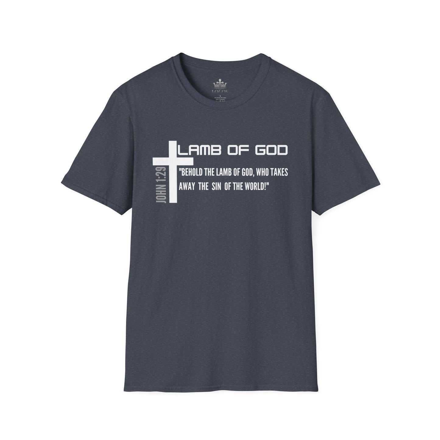 Logos Lamb Of God Christian Scripture T-Shirt in dark gray with John 1:29 Bible verse design