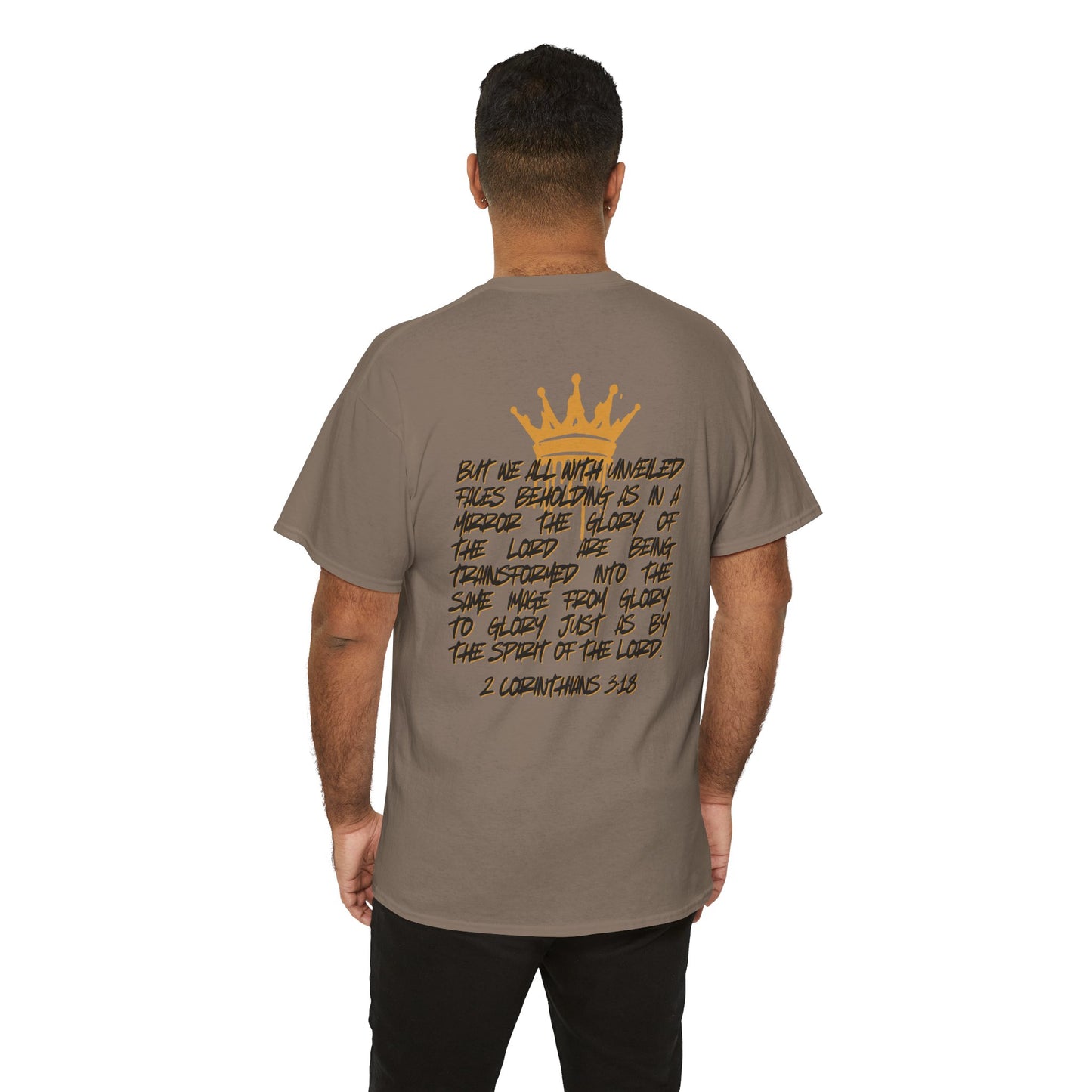 Logos Co. heavy cotton Scripture shirt featuring 2 Corinthians 3:18 design on back worn by man