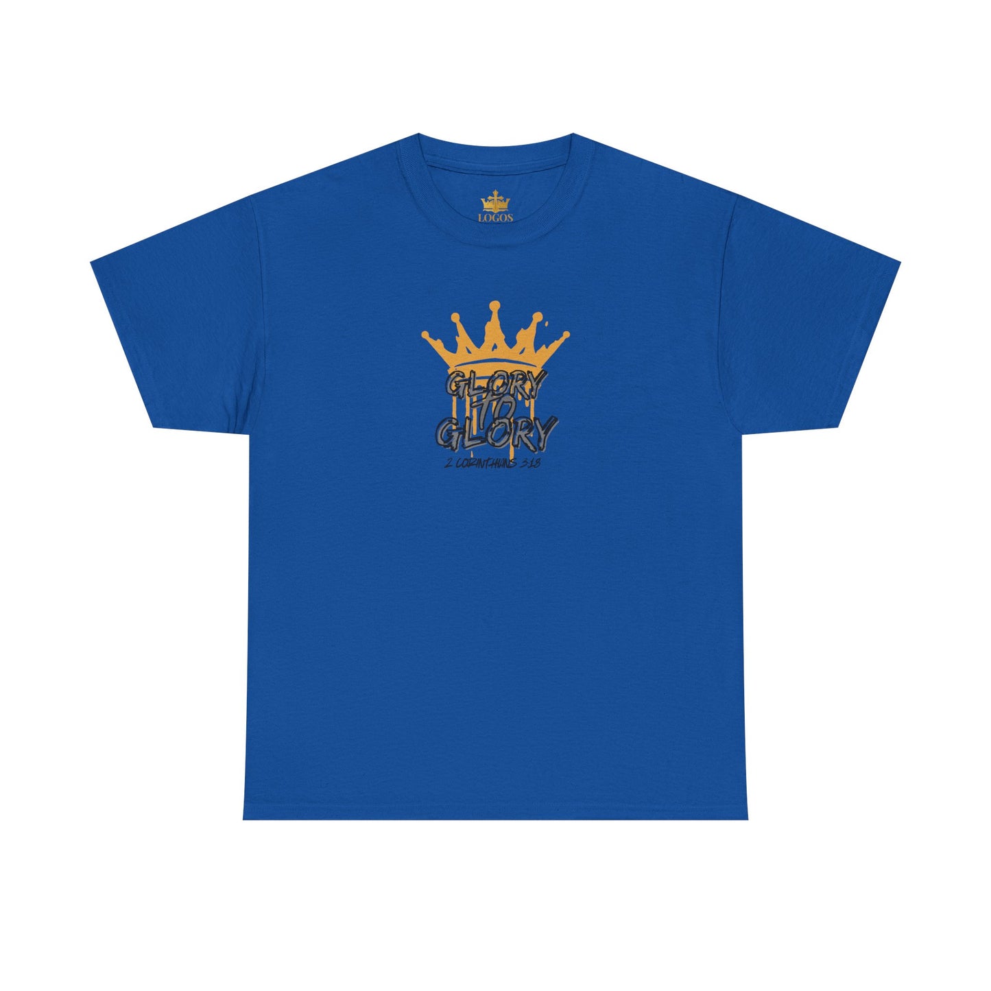 Blue heavy cotton Scripture shirt with gold crown and Glory text print by Logos