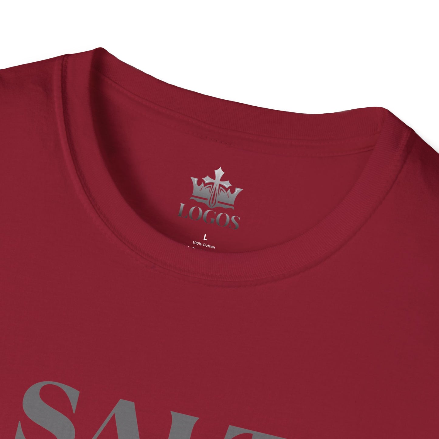 Lightweight Christian t-shirt in maroon displaying the Logos neck label