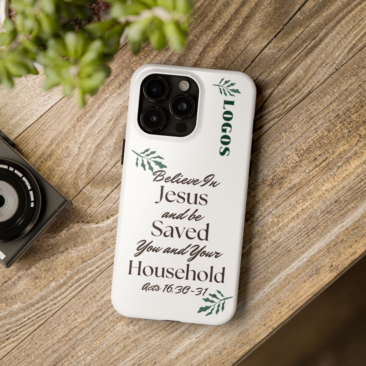 Logos Bible verse phone case with 'Believe in Jesus' design on white background for iPhone