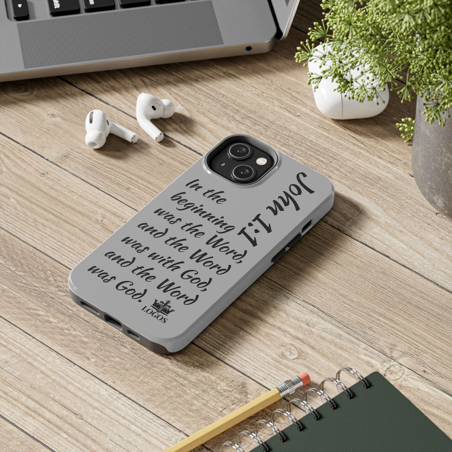 Logos Bible verse phone case with John 1:1 scripture in black text on gray background