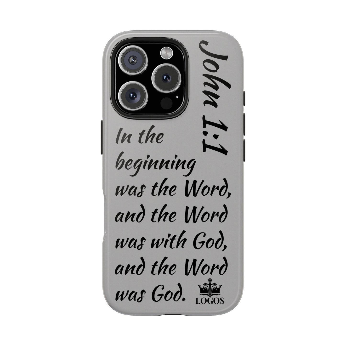 Logos Bible verse phone case featuring John 1:1 scripture design in black text on gray background