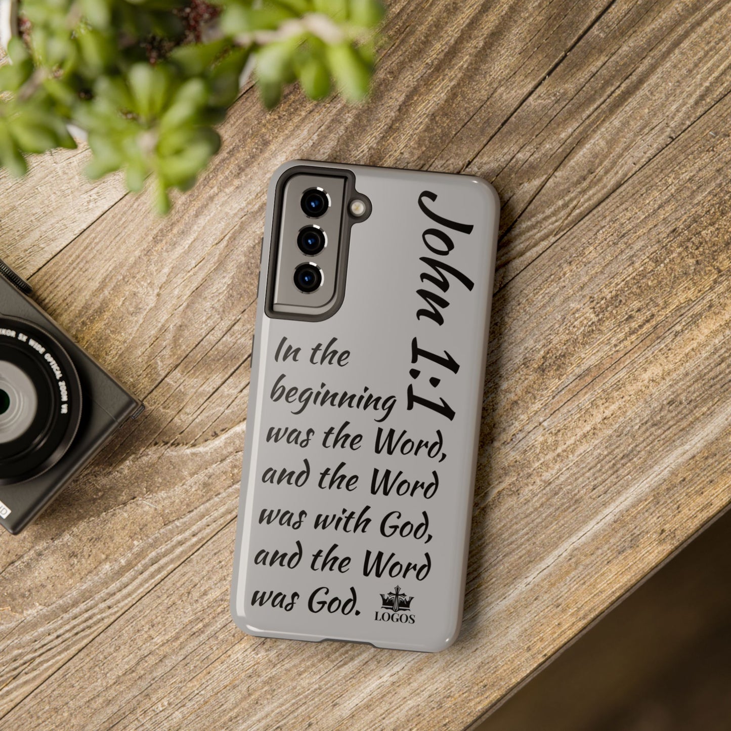 Logos Bible verse phone case with John 1:1 scripture text on a gray background for Samsung phone