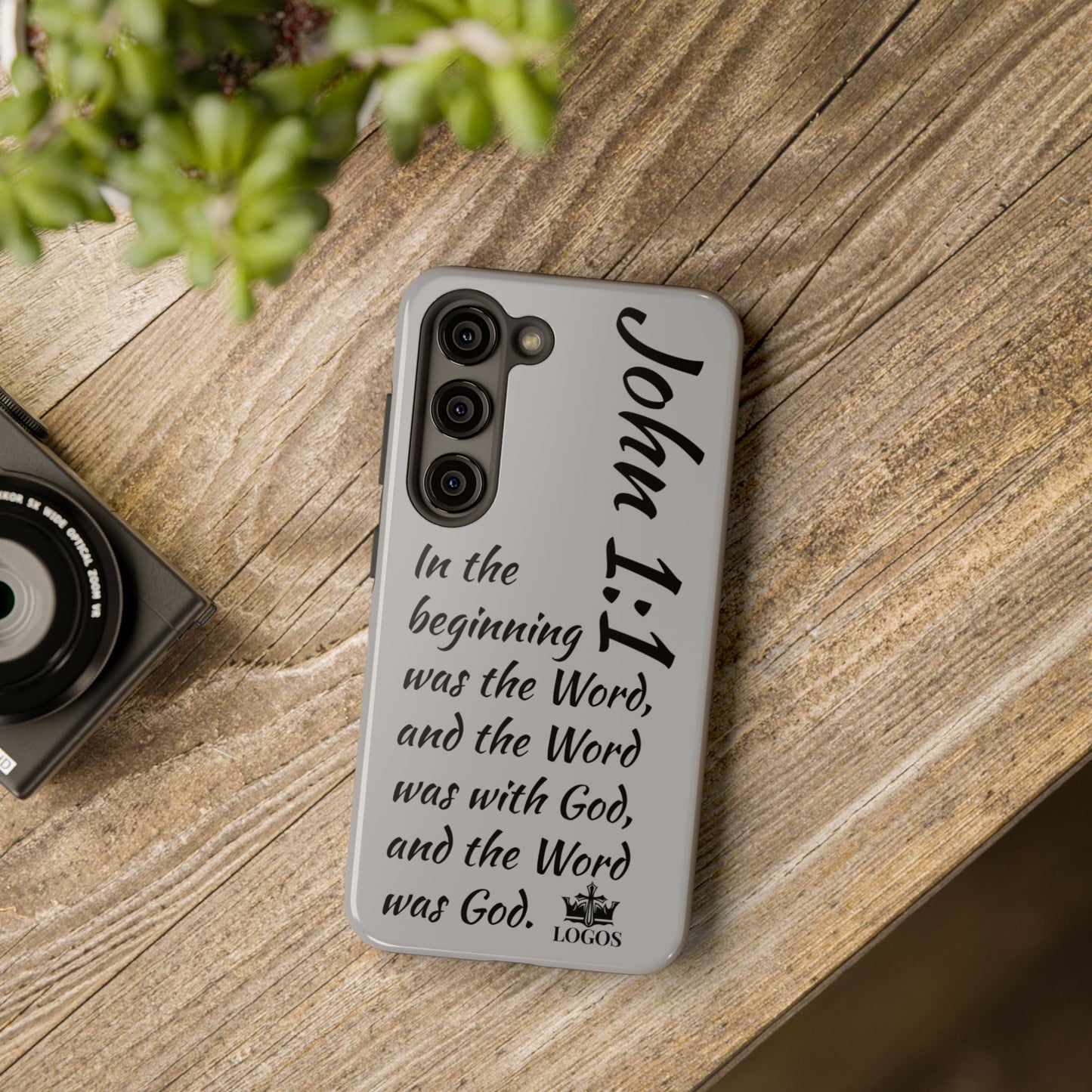 Logos Bible verse phone case with John 1:1 scripture on gray protective Samsung cover