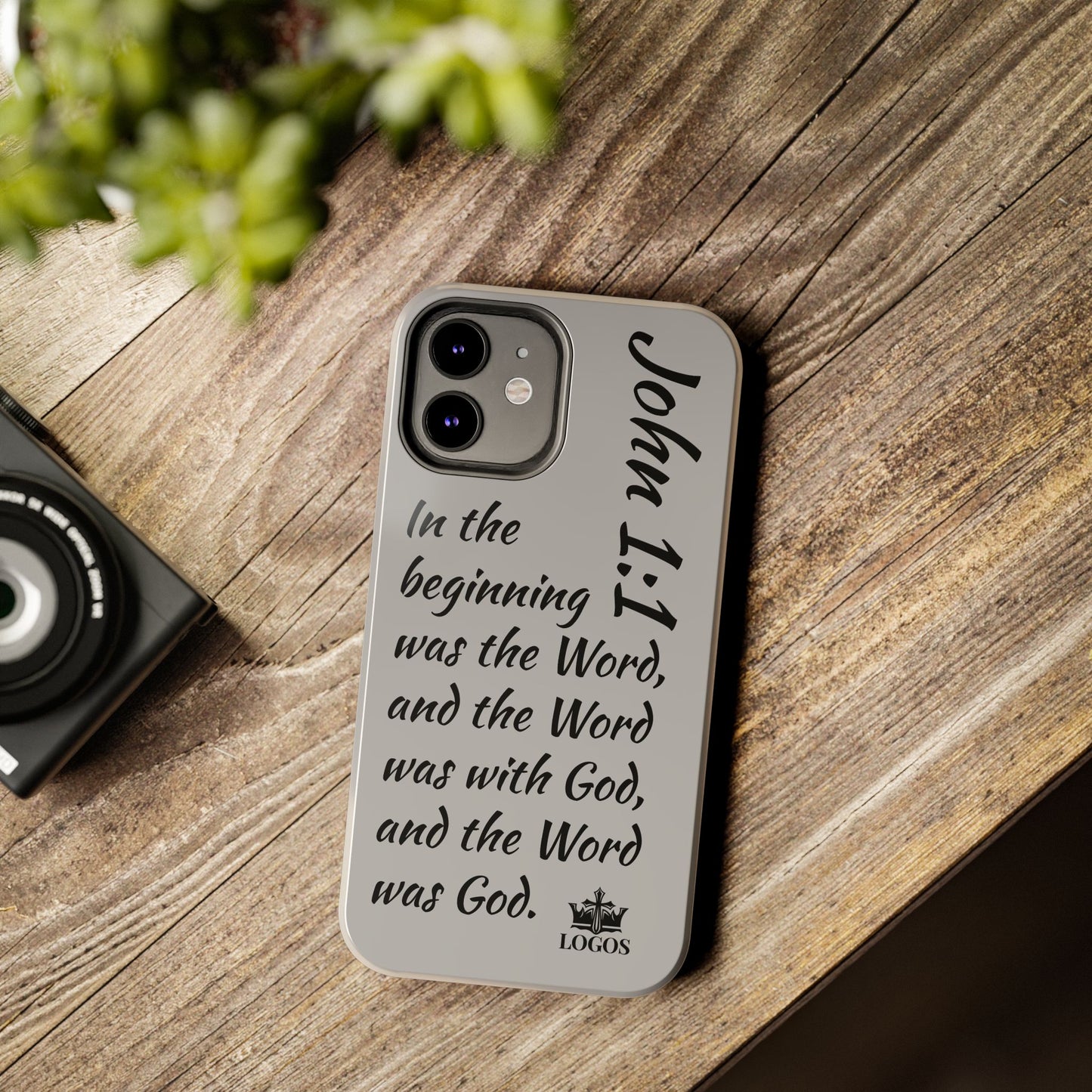 Logos Bible verse phone case with John 1:1 scripture text on a gray background for iPhone's