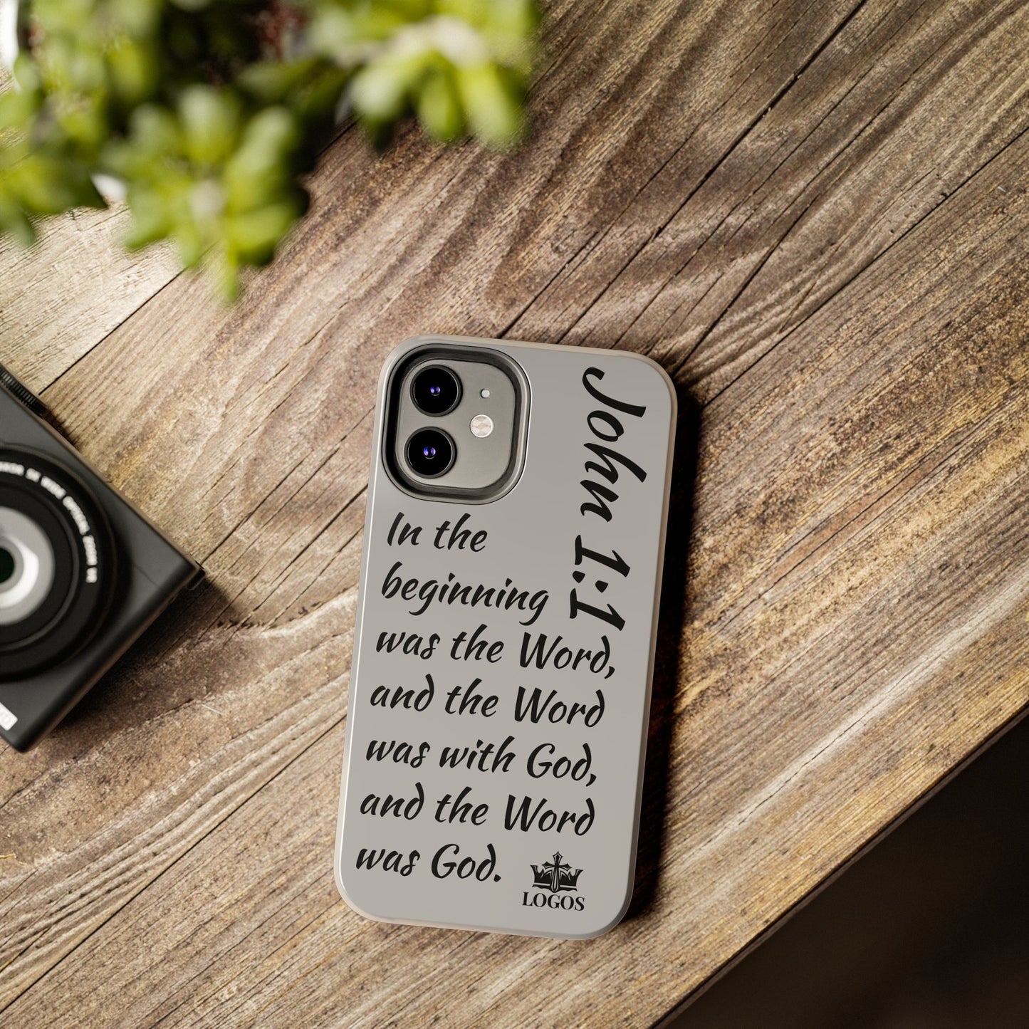 Logos Bible verse phone case with John 1 1 scripture text on gray background for iPhone model