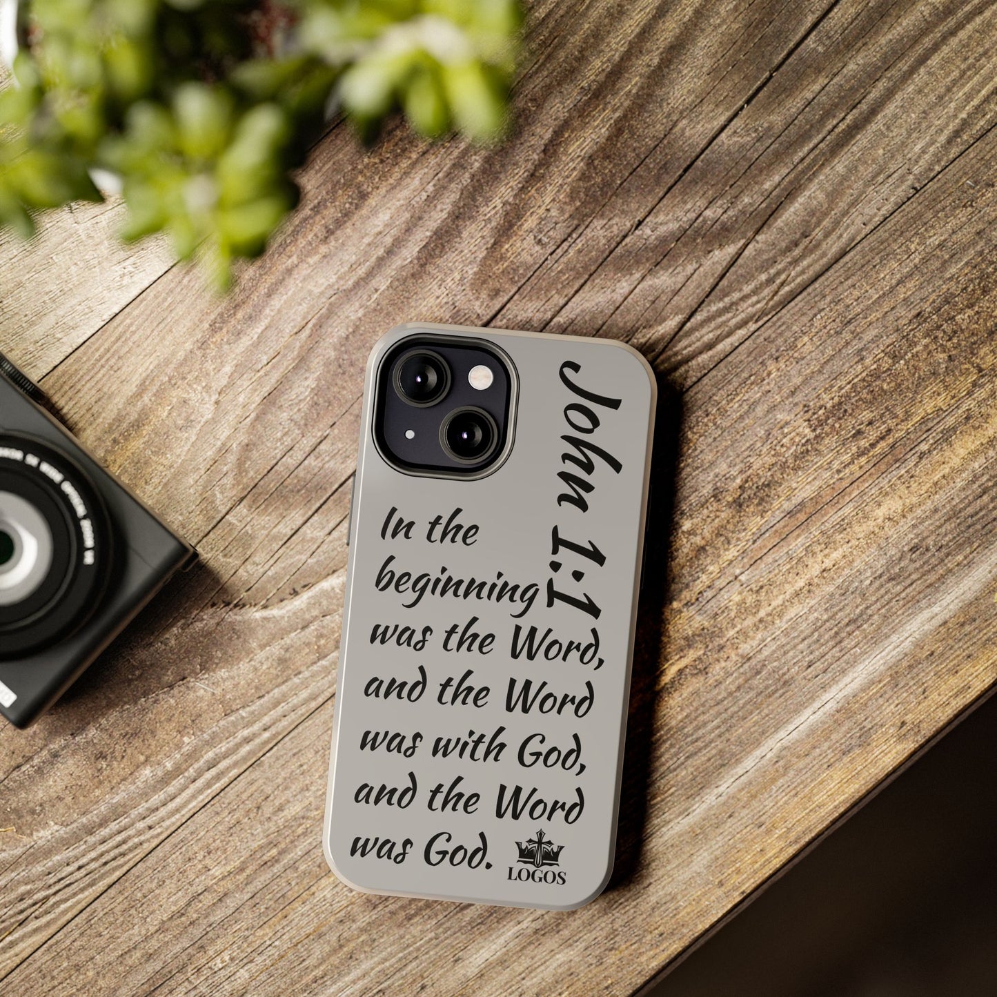 Gray Bible verse phone case featuring John 1:1 scripture quote