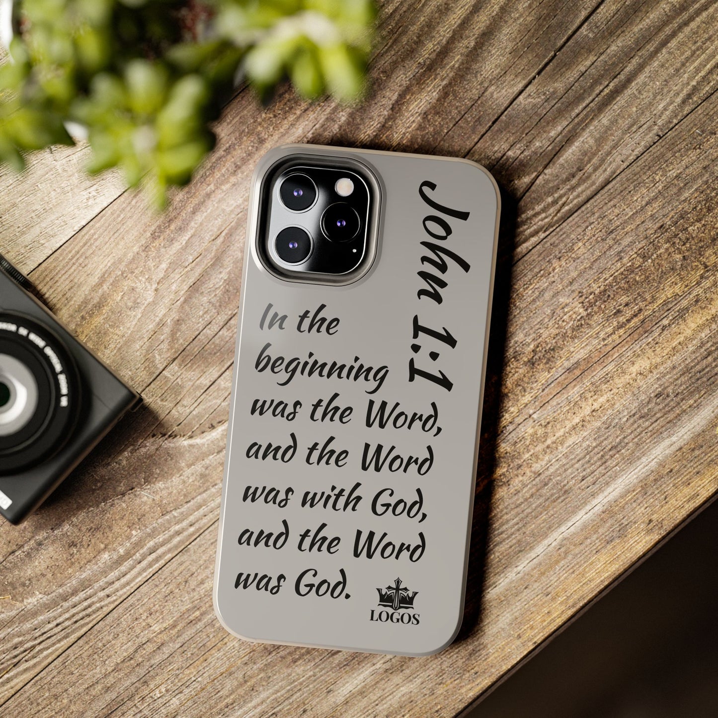 Bible verse phone case with John 1:1 scripture design on gray background by Logos