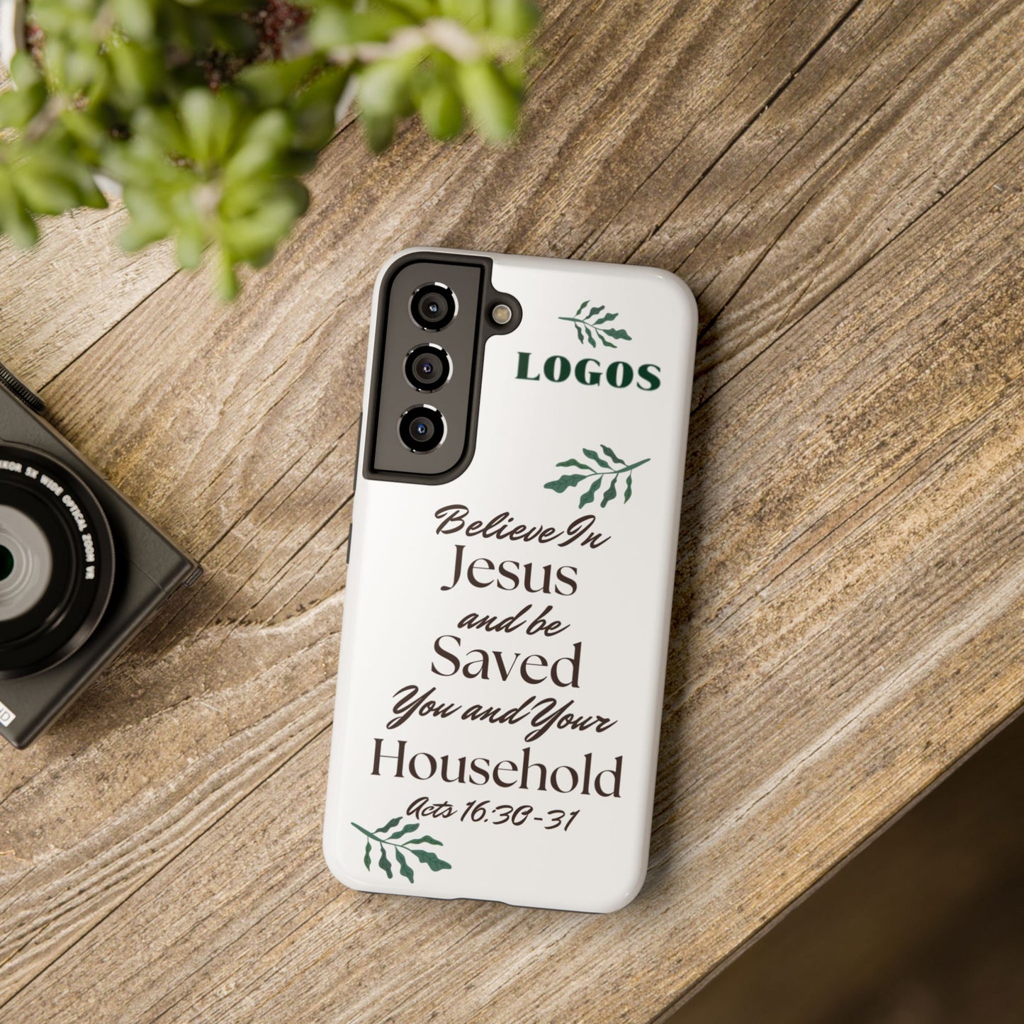 Logos Believe in Jesus and be Saved Bible verse phone case with inspirational scripture design on white background