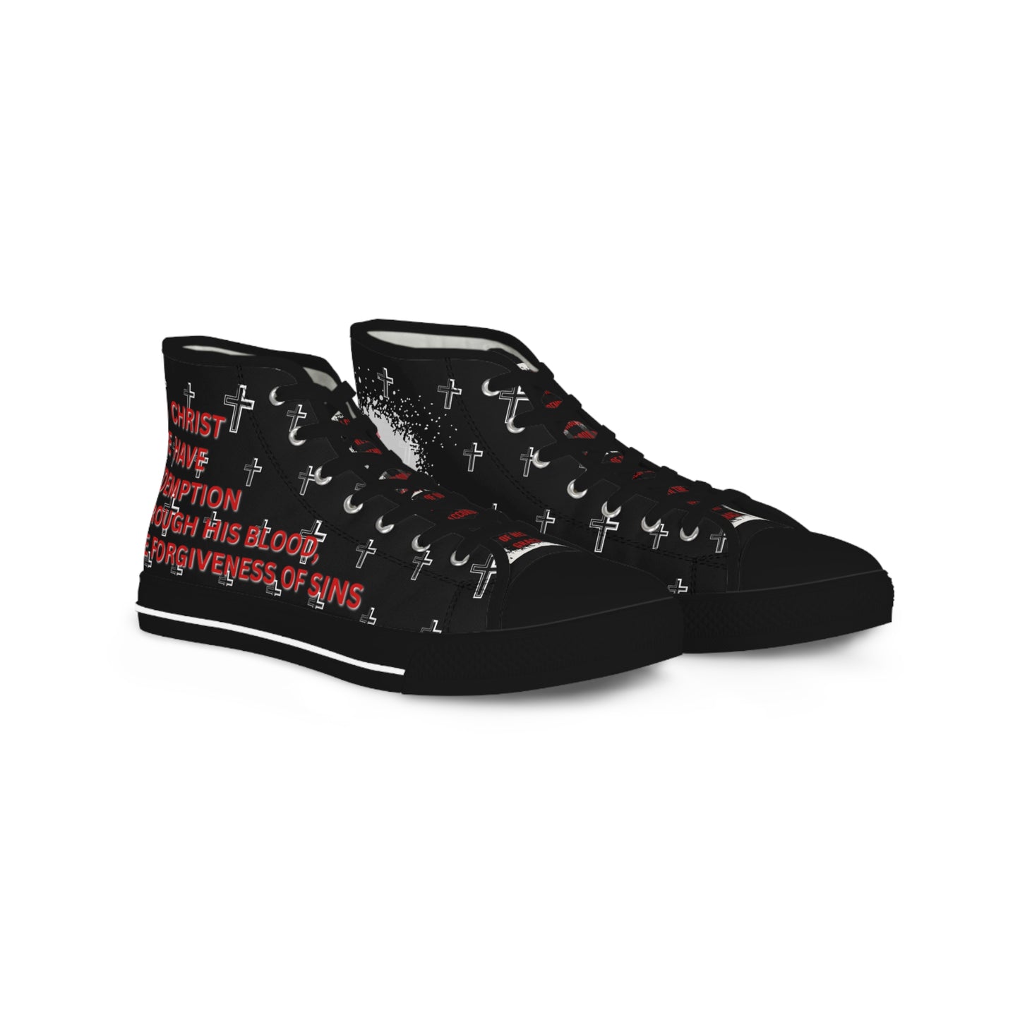 Christian high-top sneakers black canvas with white cross pattern red scripture text durable rubber sole