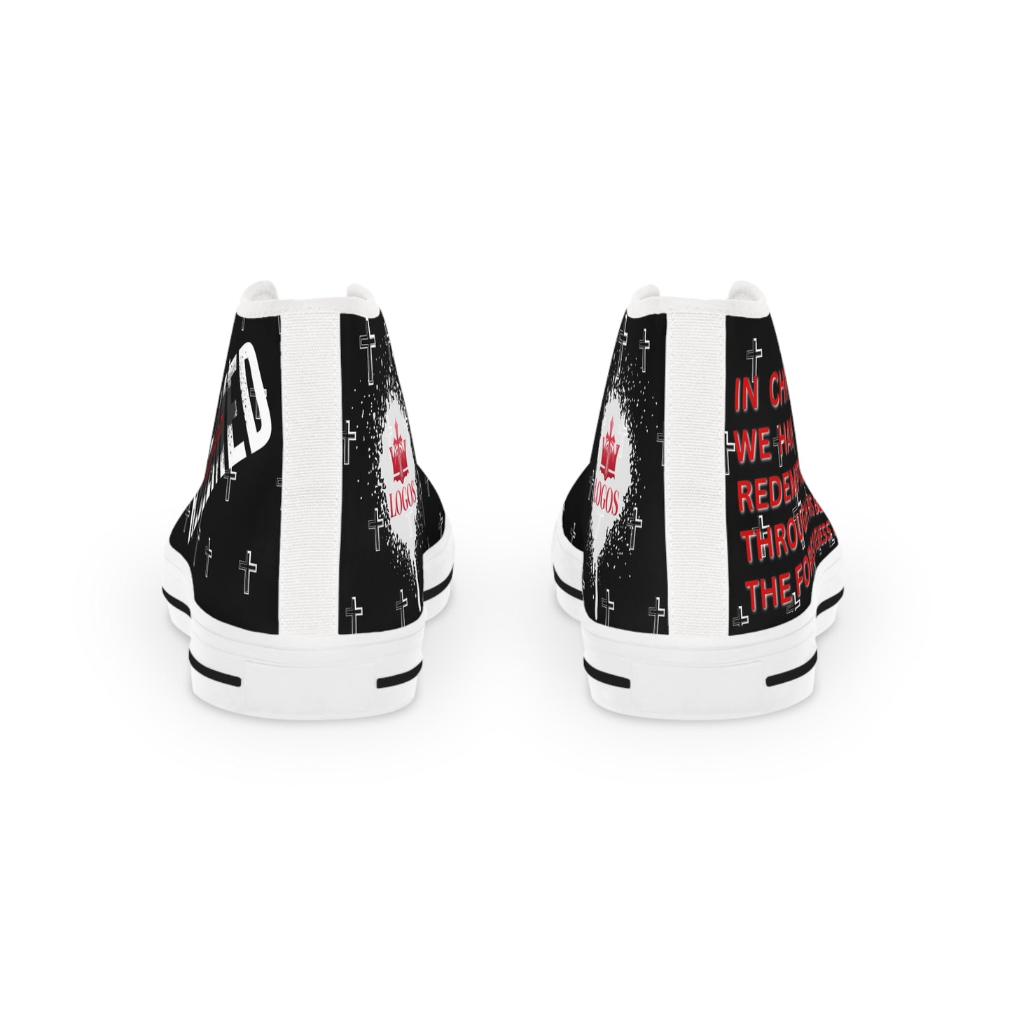Christian high-top sneakers back view in black white and red with cross pattern and scripture text on canvas