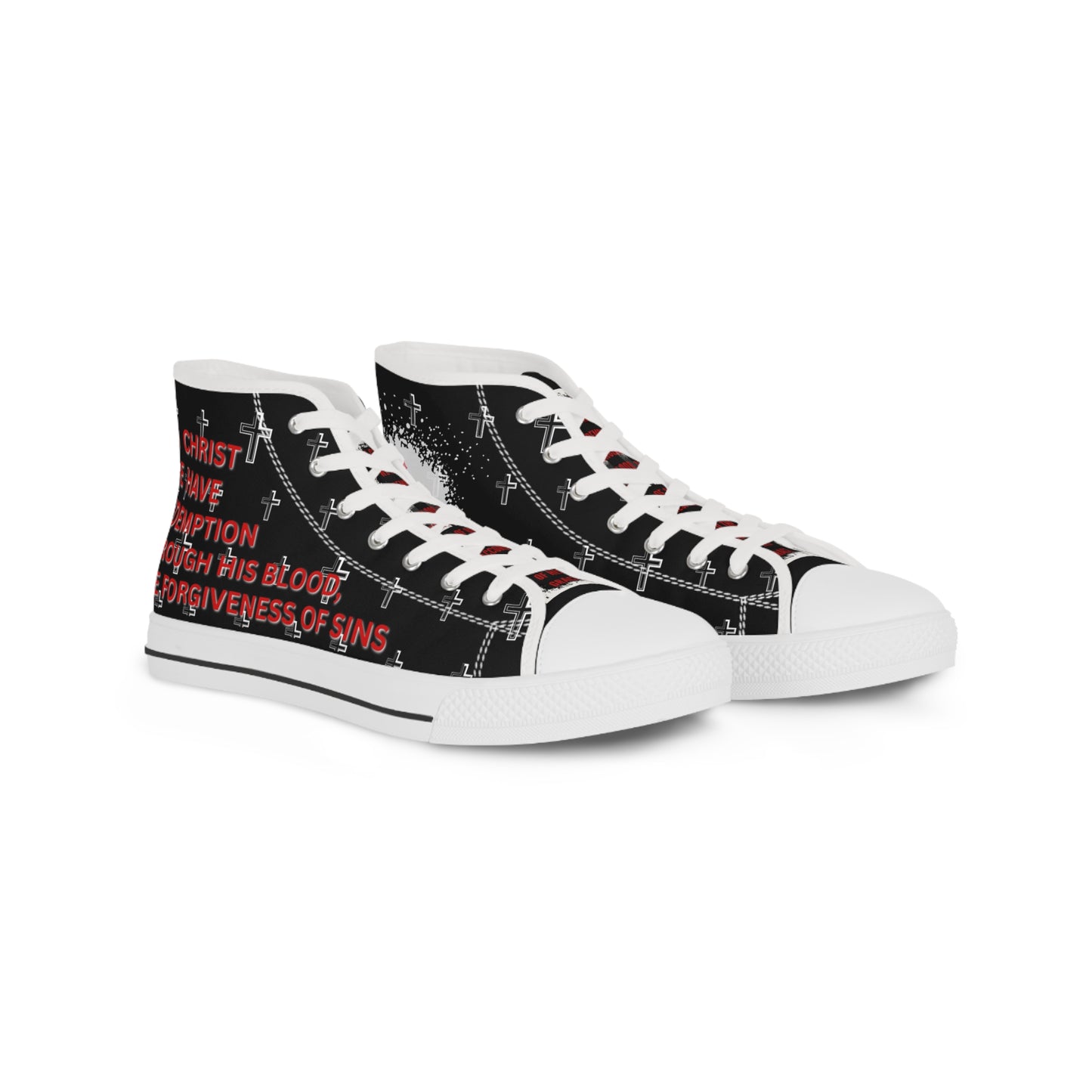 Logos Co. Christian high-top sneakers black canvas with white laces crosses pattern and red scripture text design