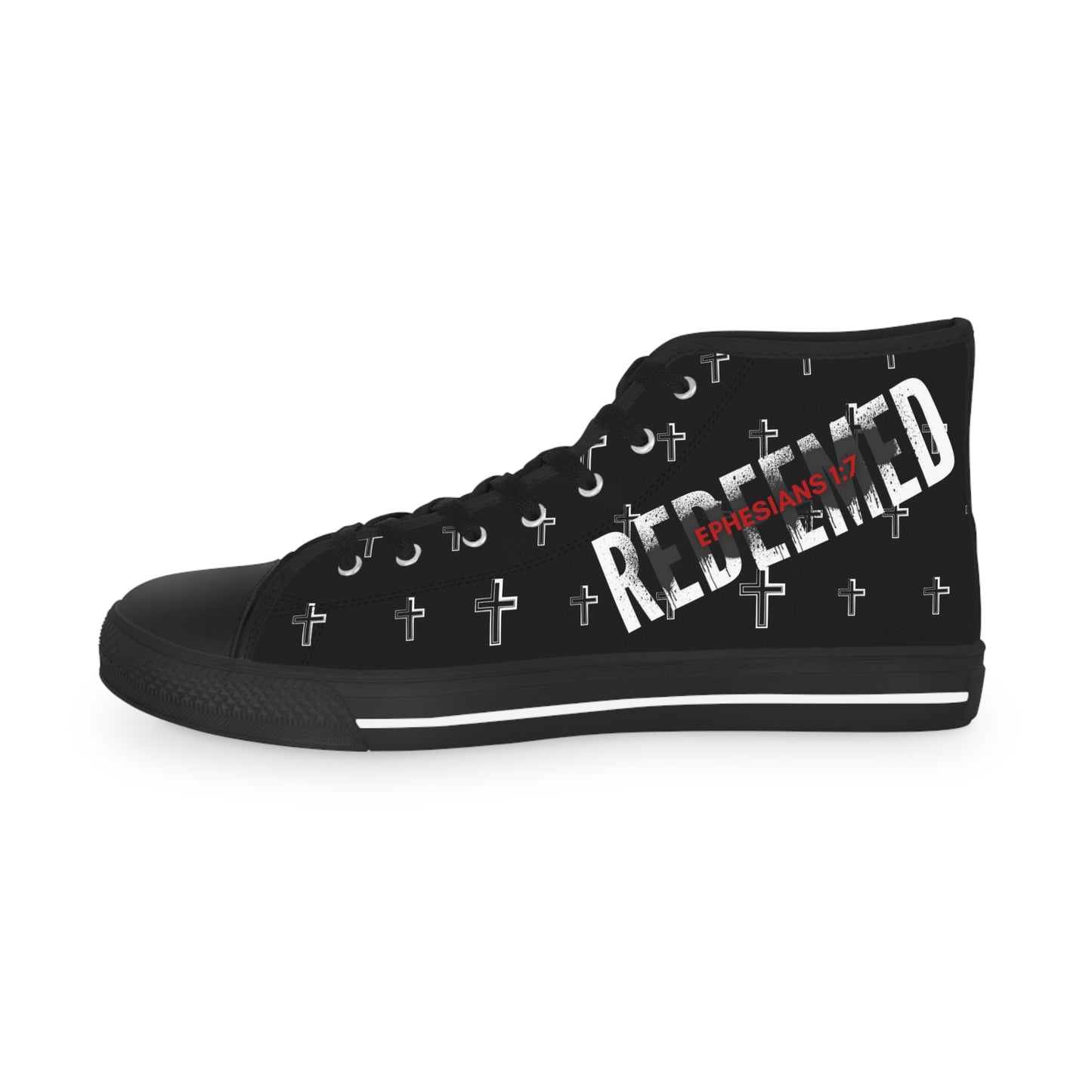 Logos black Christian high-top sneakers with small white cross pattern and bold Redeemed Ephesians 1 7 text
