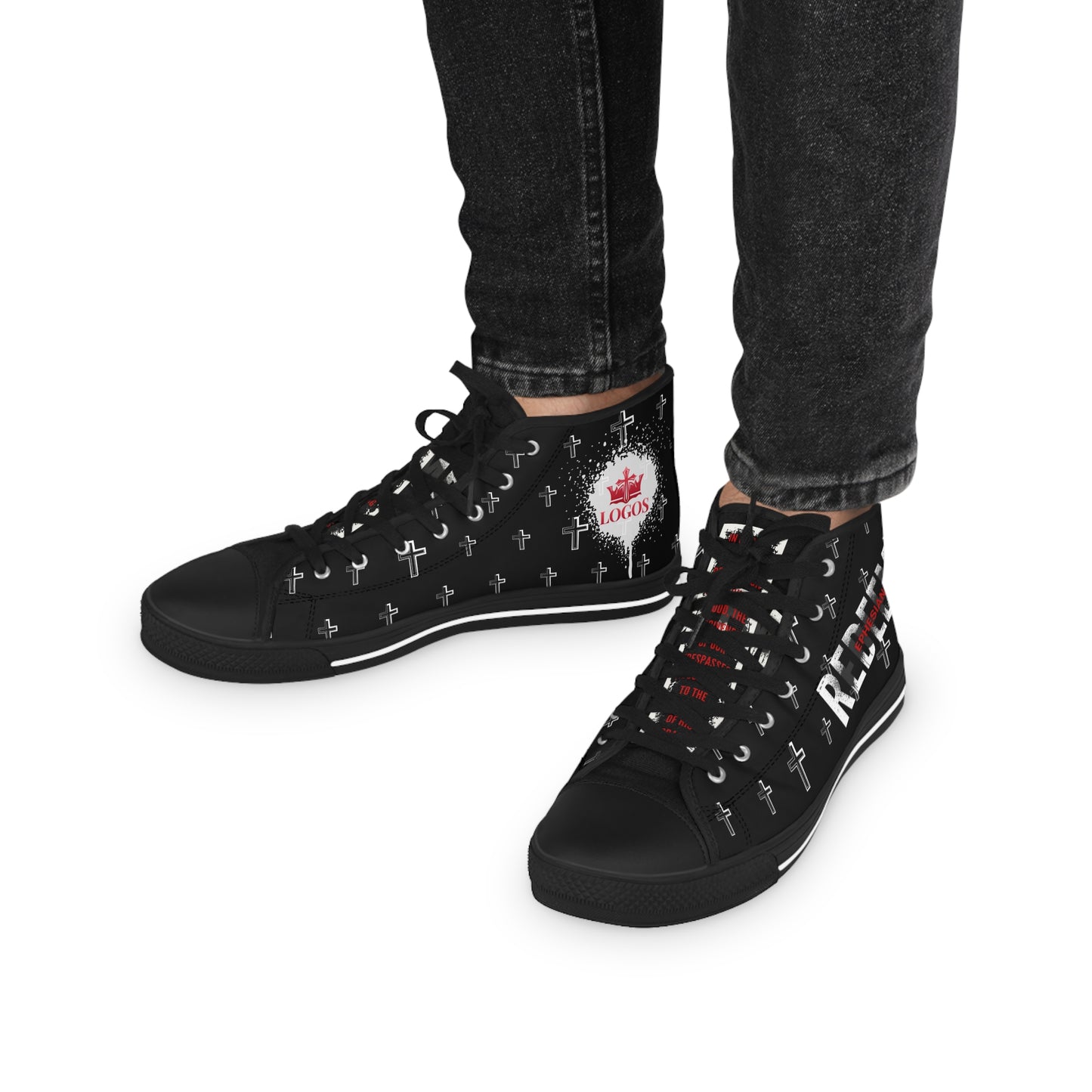 Logos Co. Christian high-top sneakers in black with white cross pattern, red logo accents, and rubber sole