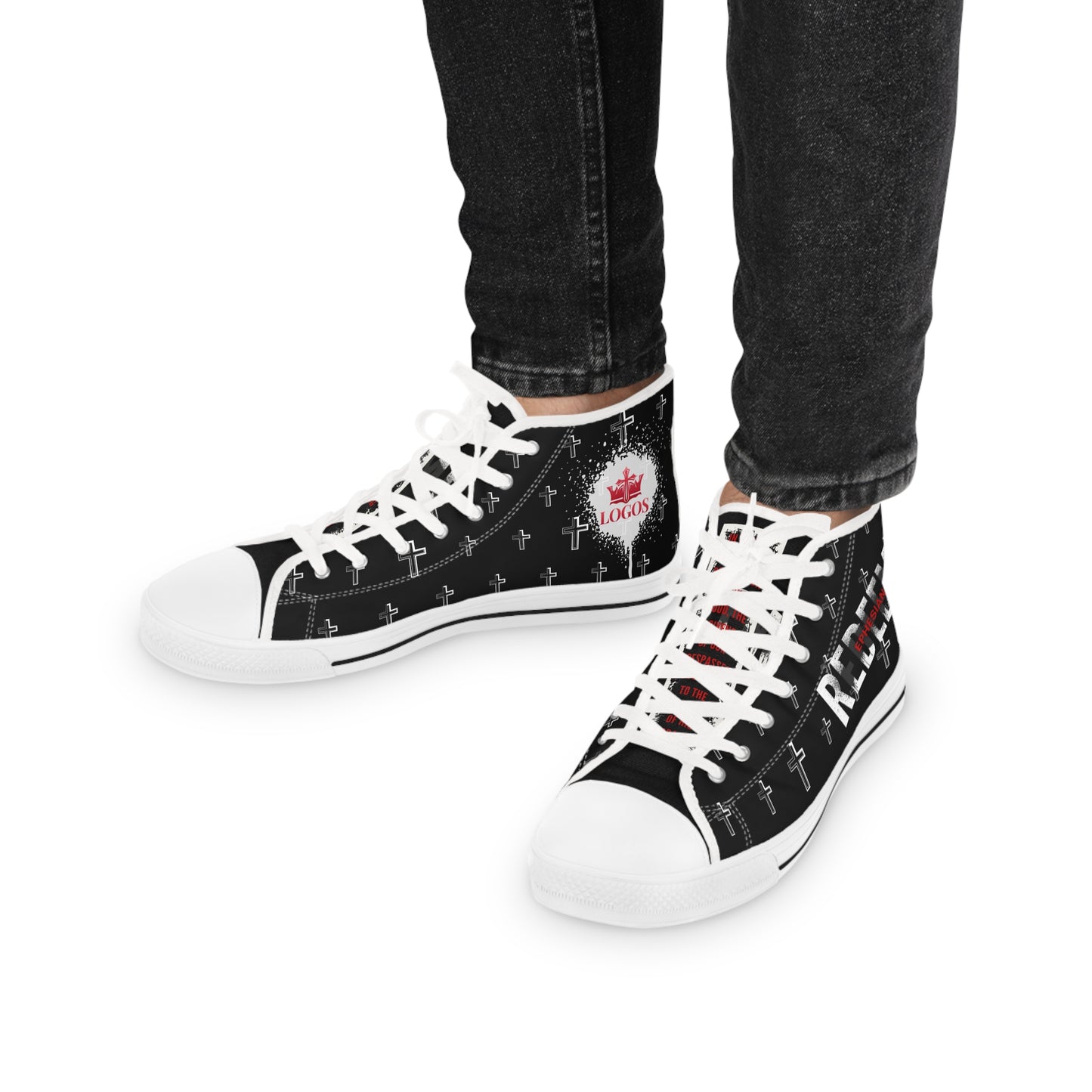 Black canvas Christian high-top sneakers with white rubber toe white laces subtle cross pattern and red crest logo