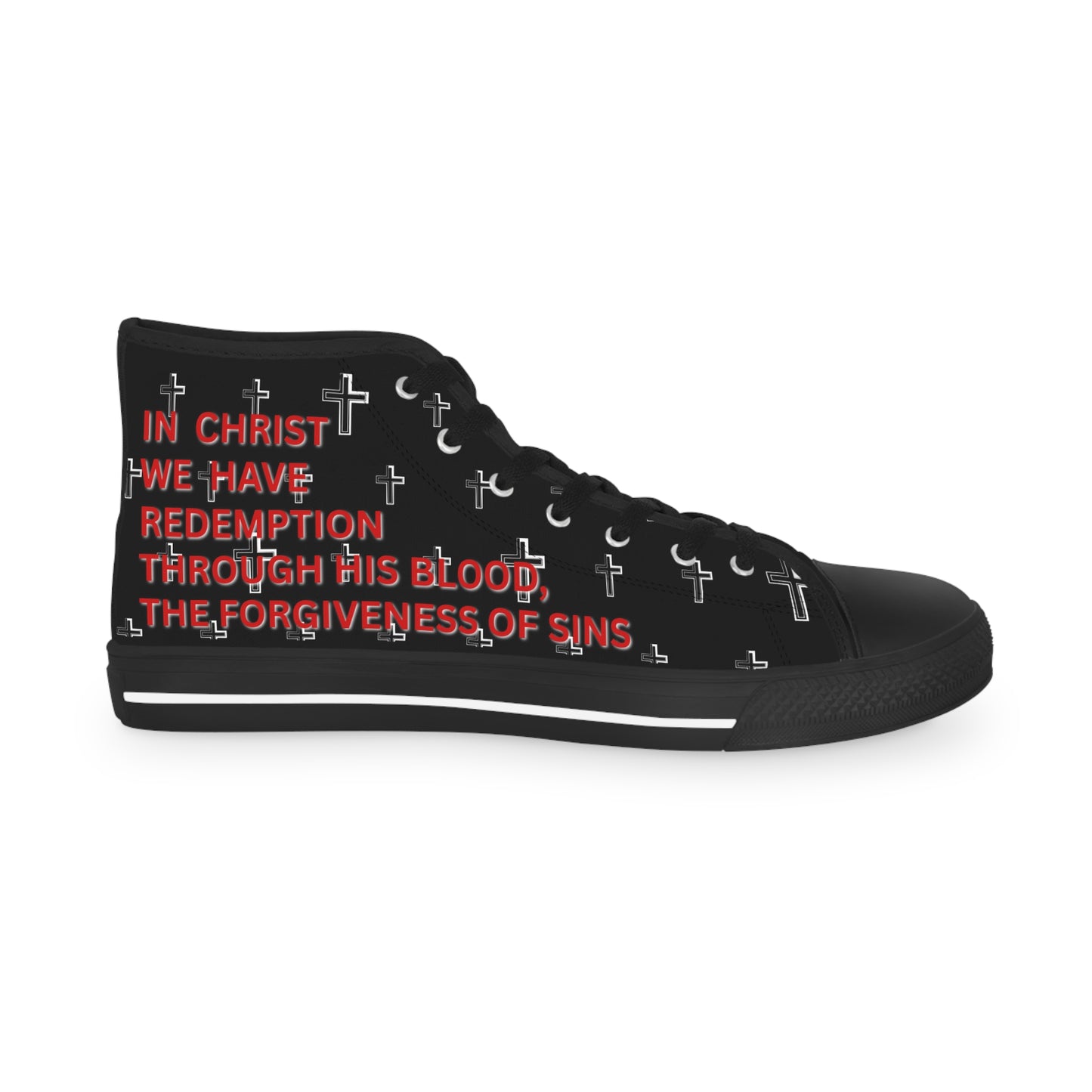 Logos black Christian high-top sneakers with white cross pattern and red scripture text on canvas side