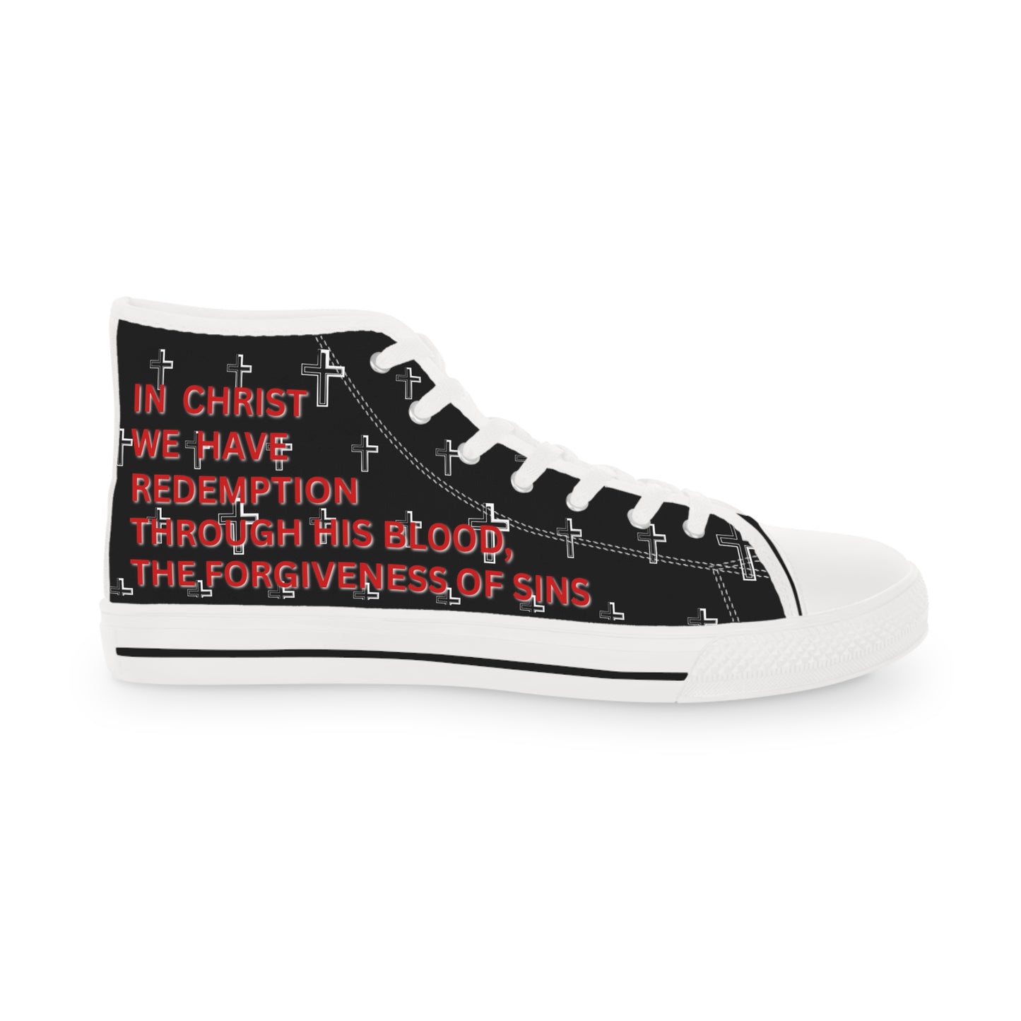 Logos Co. Christian high-top sneakers black canvas with white cross pattern and red scripture text design