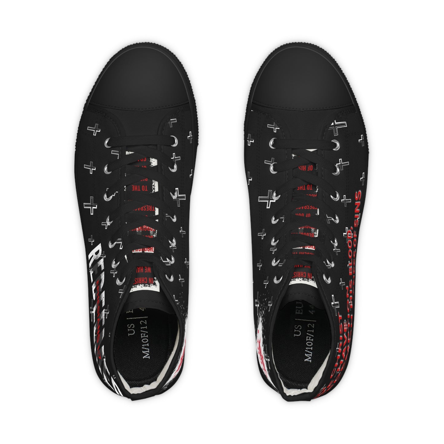 Logos black Christian high-top sneakers with white cross pattern red side text lace up top view