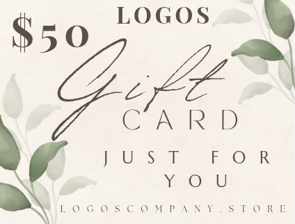 Logos Co. gift cards 50 dollar value with elegant script and green leaf design