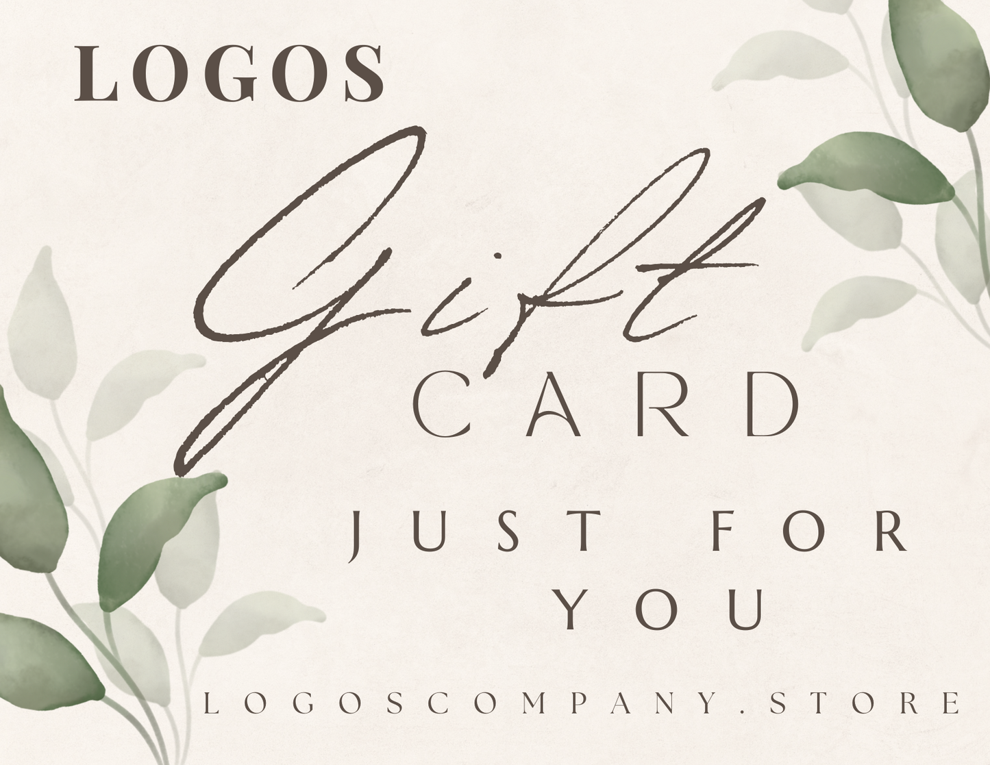Elegant Logos Co. gift cards with handwritten style text and green leaf accents on a beige background