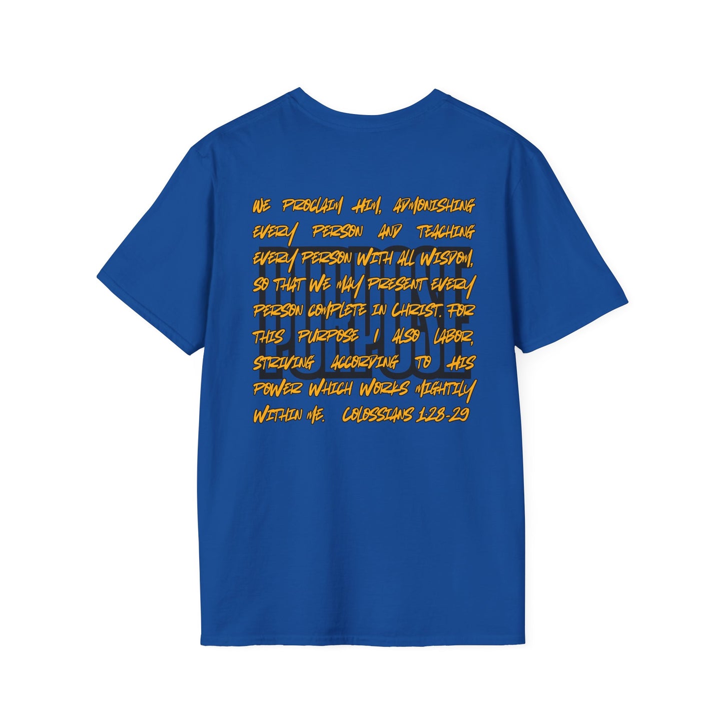 Blue Driven by Purpose shirt with inspirational scripture text printed on the back