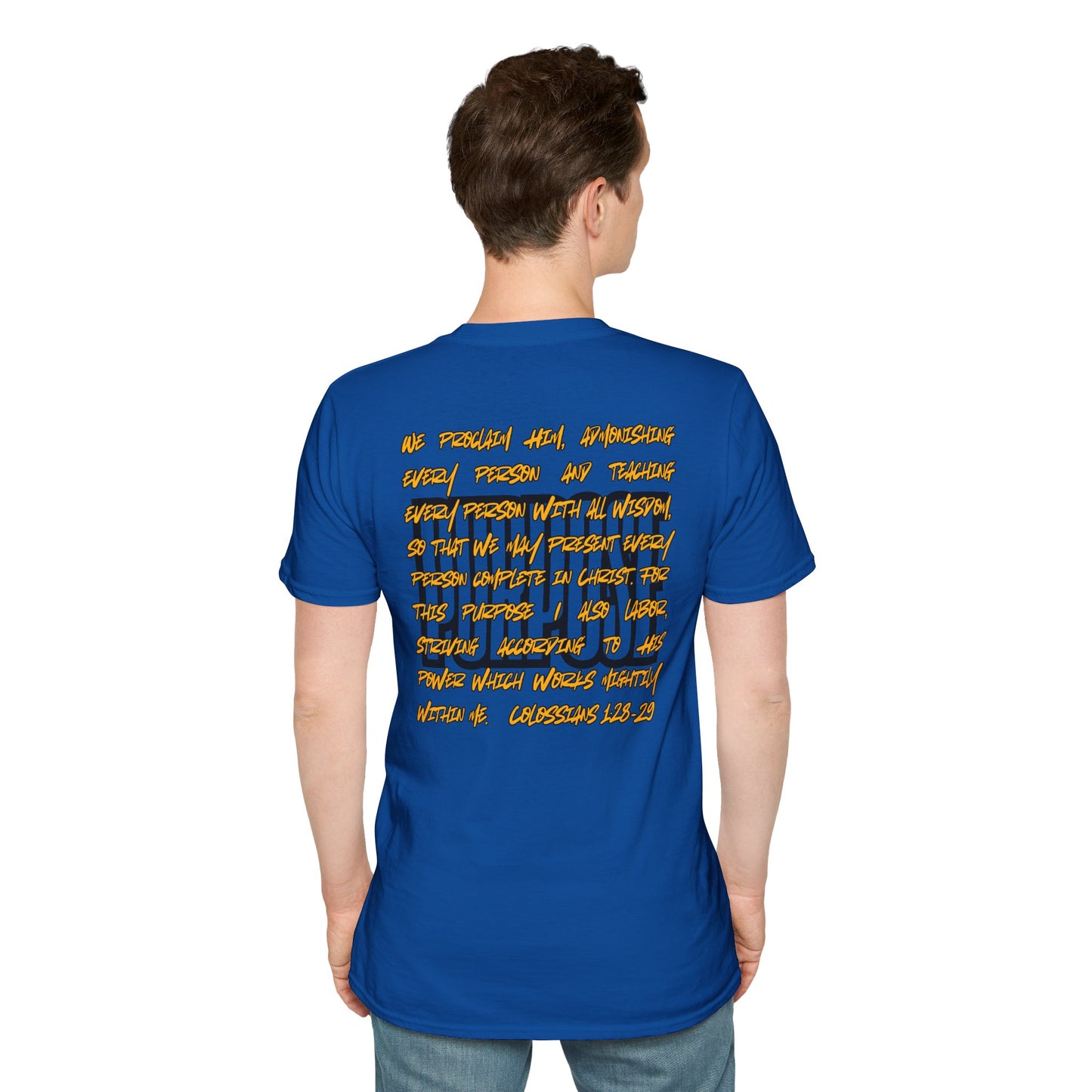 Blue Logos Co. Driven by Purpose shirt with inspirational Bible verse text design on back