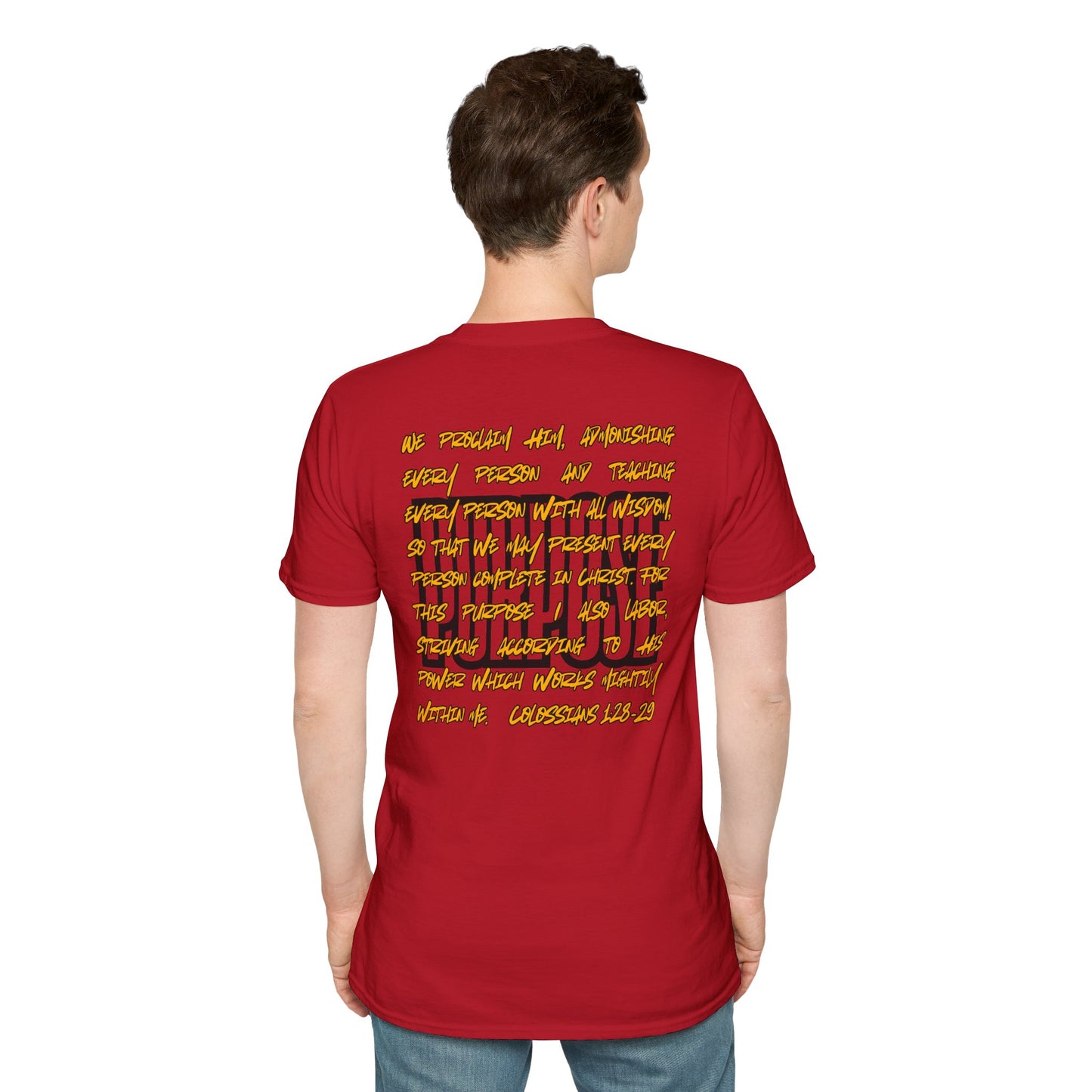 Red Logos Co. Driven by Purpose shirt with inspirational Bible verse text design on back worn by a man standing