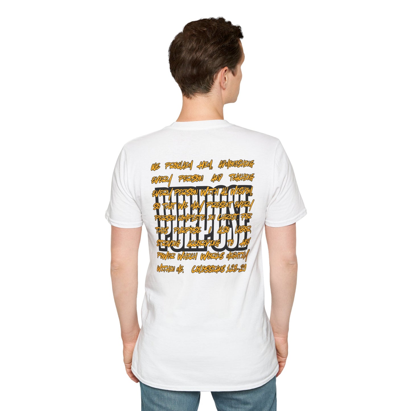 White Logos Co. Driven by Purpose shirt with inspirational Bible verse text design on back worn by a man standing
