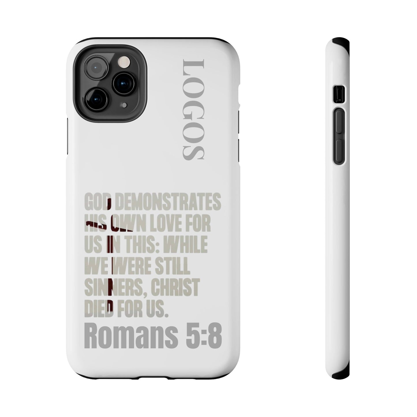 Logos Co. white phone case with Romans 5:8 scripture design, faith-based tough cases for protection