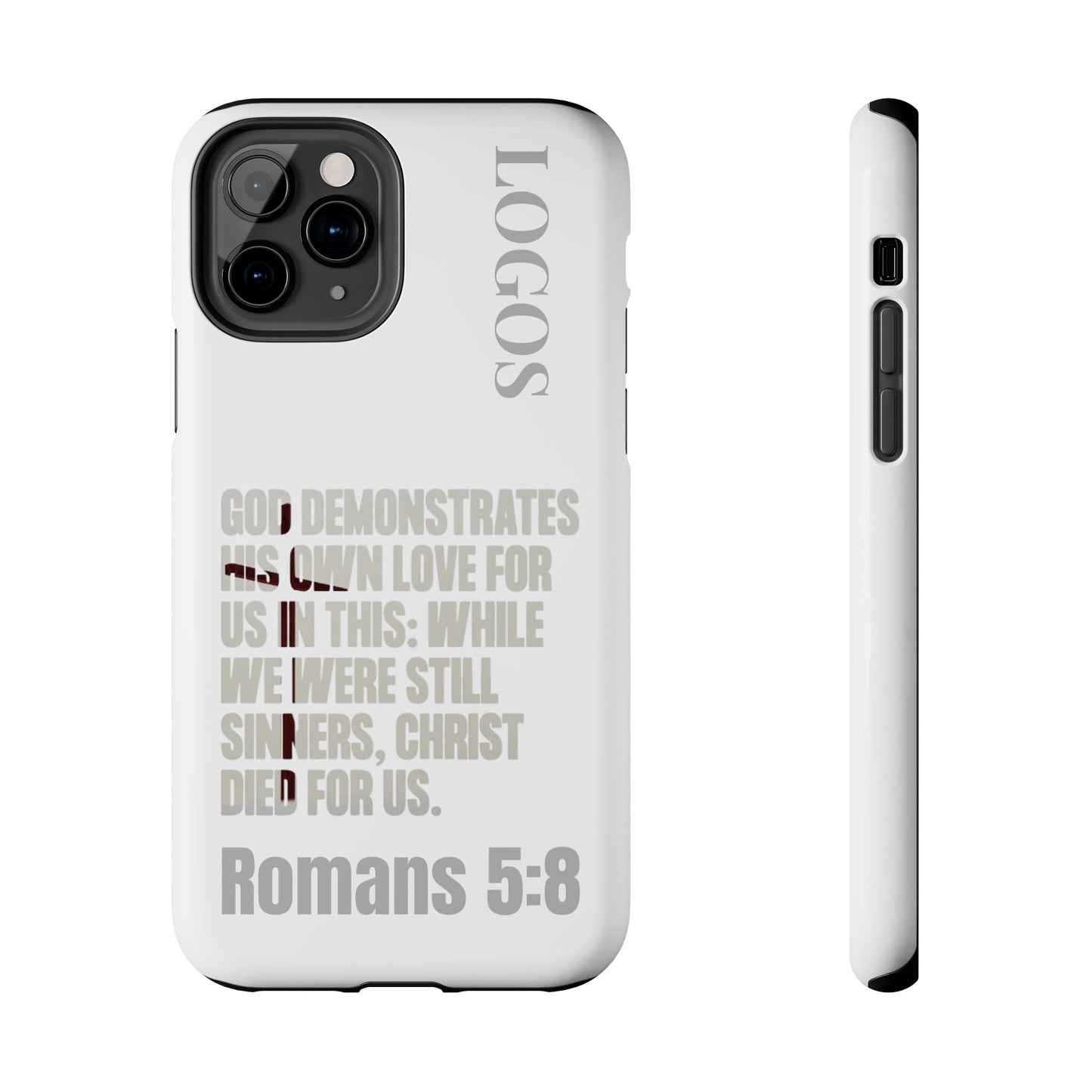 Logos Co. faith-based tough cases phone case with Romans 5:8 scripture and Logos design