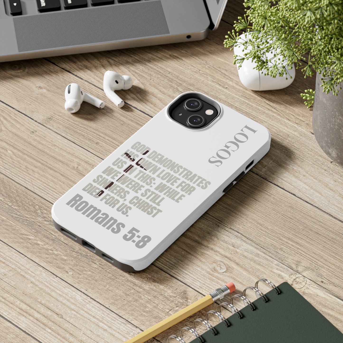 Logos Co. white phone case with Romans 5:8 scripture design faith-based tough cases for iPhone