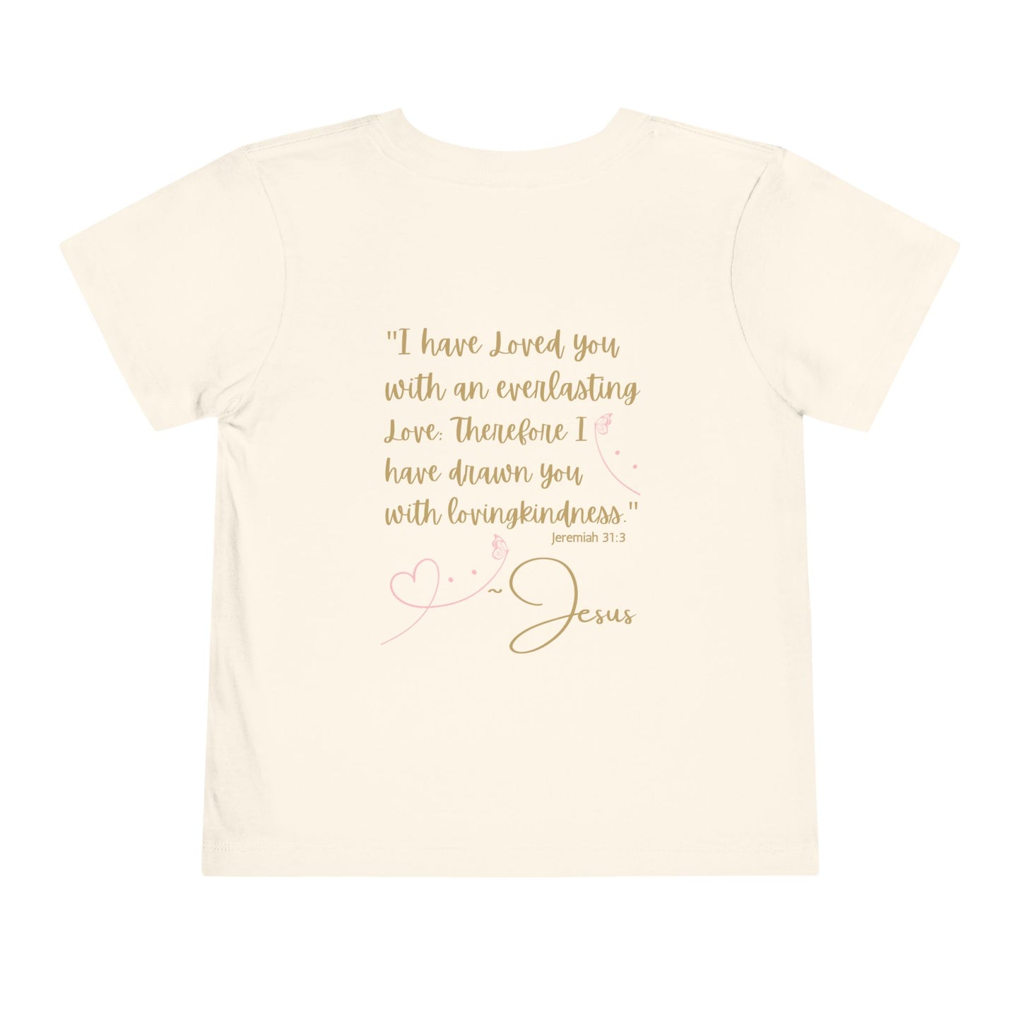 Logos Co. kids Jesus Loves Me shirt with Bible verse Jeremiah 31:3 and heart design on back