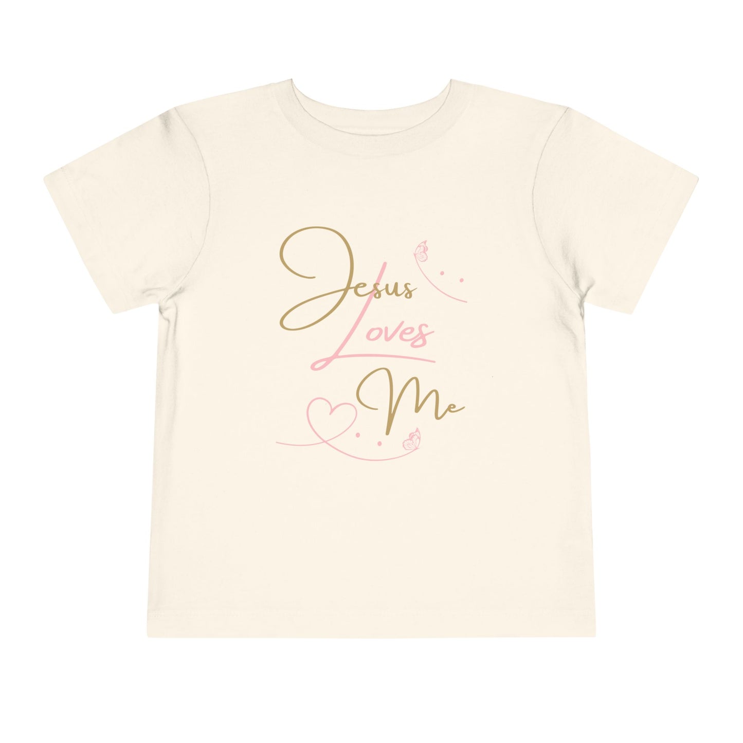 Logos Co. kids cream Jesus Loves Me shirt with elegant gold and pink script and heart design