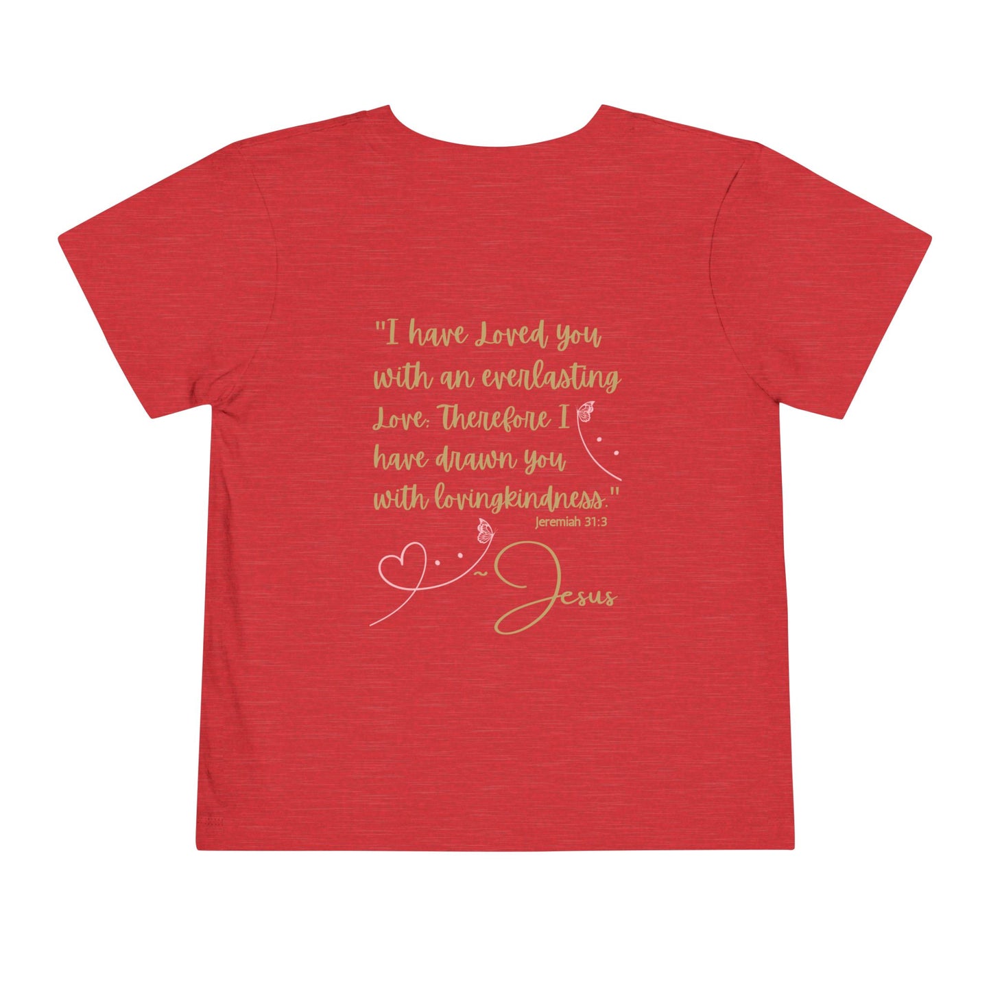 Red kids Jesus Loves Me shirt with inspirational Bible verse and heart design by Logos Co.