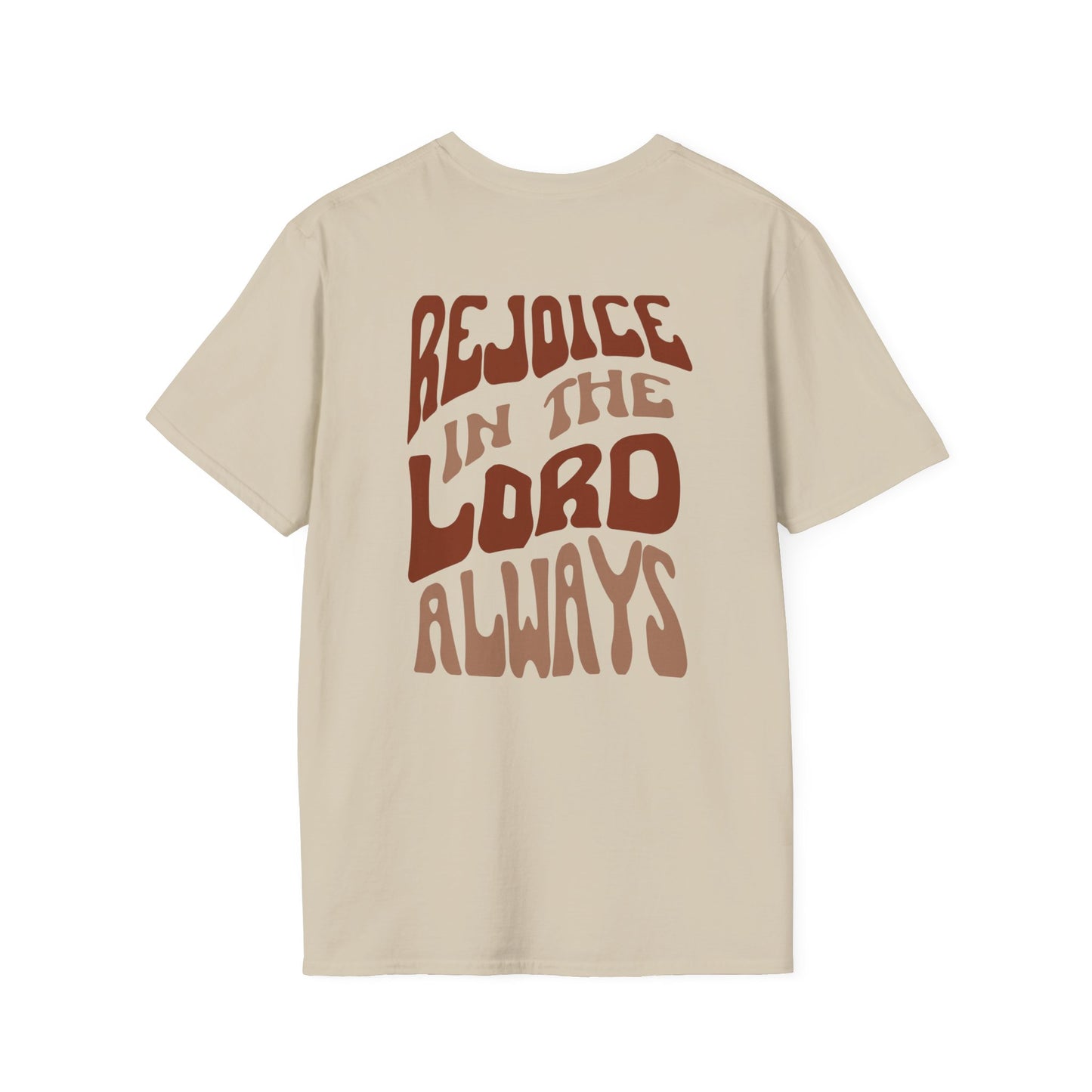 Beige Rejoice in the Lord shirt featuring bold text design on the back for a casual look