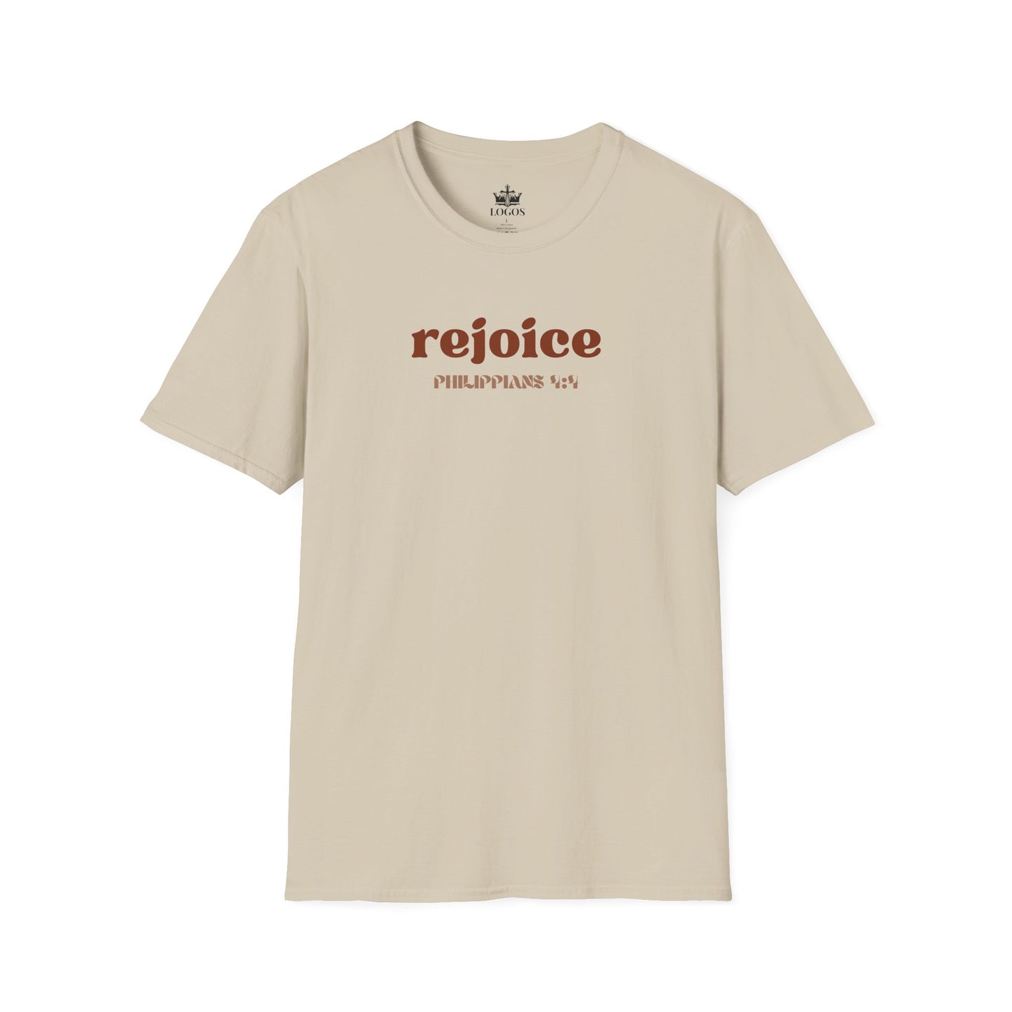 Beige Rejoice in the Lord shirt featuring Philippians 4:4 in stylish print