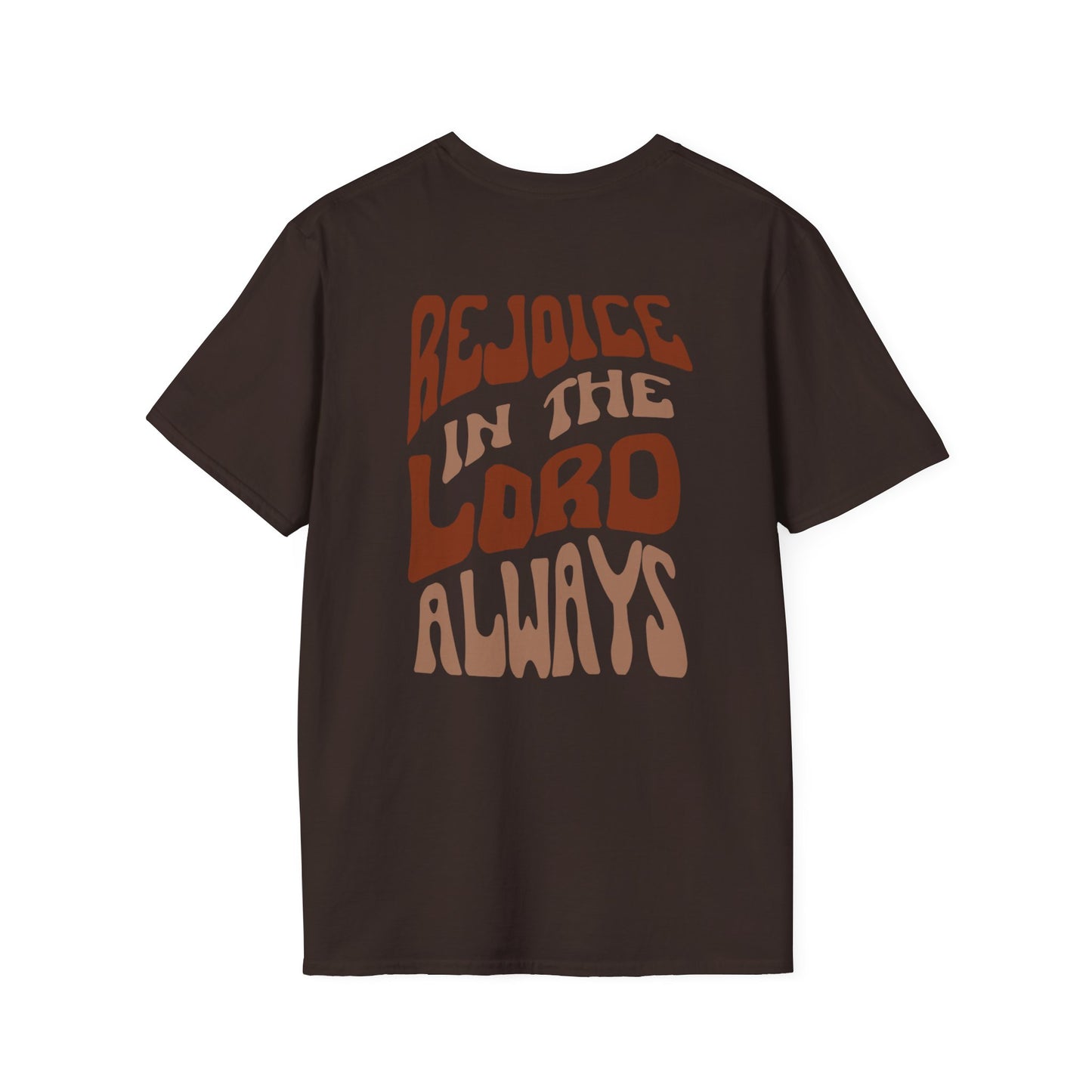 Rejoice in the Lord shirt in dark brown featuring colorful typography on the back